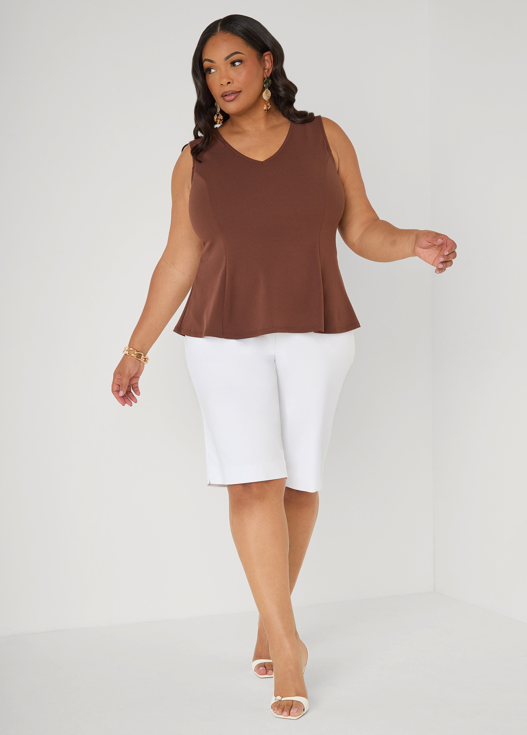 V Neck Stretch Crepe Peplum Top