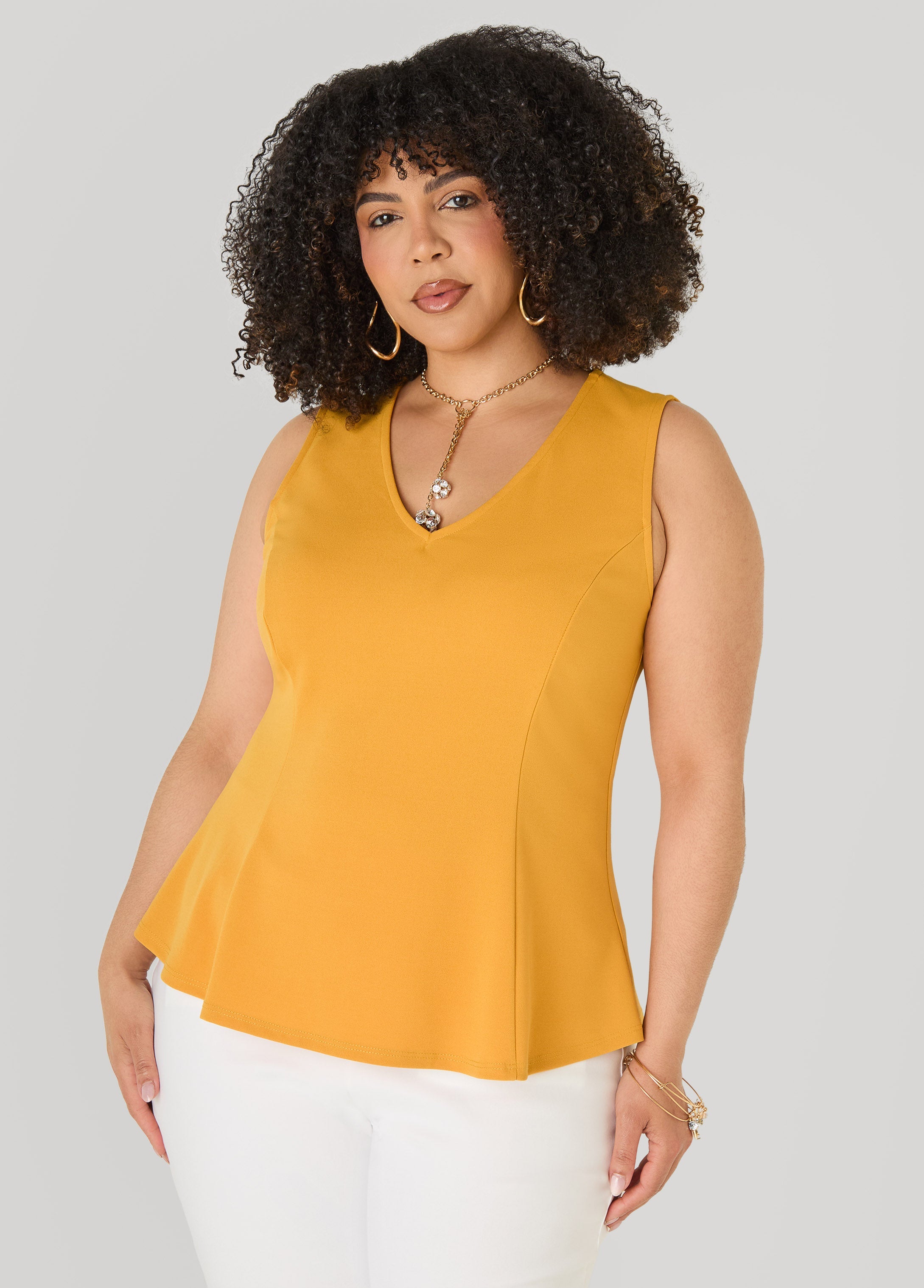 V Neck Stretch Crepe Peplum Top