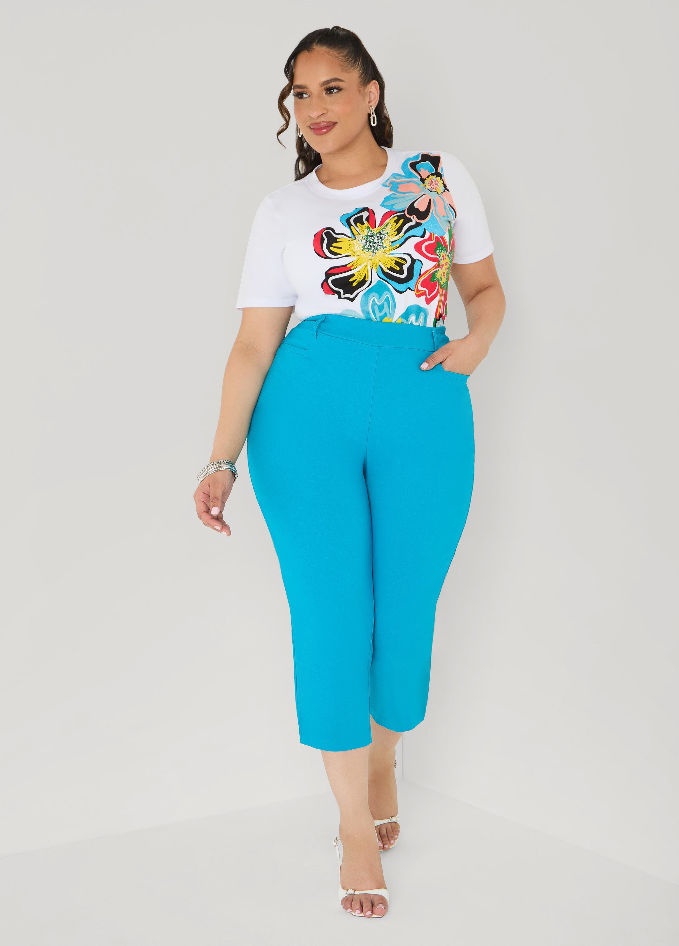 Glittered Floral Print Graphic Tee