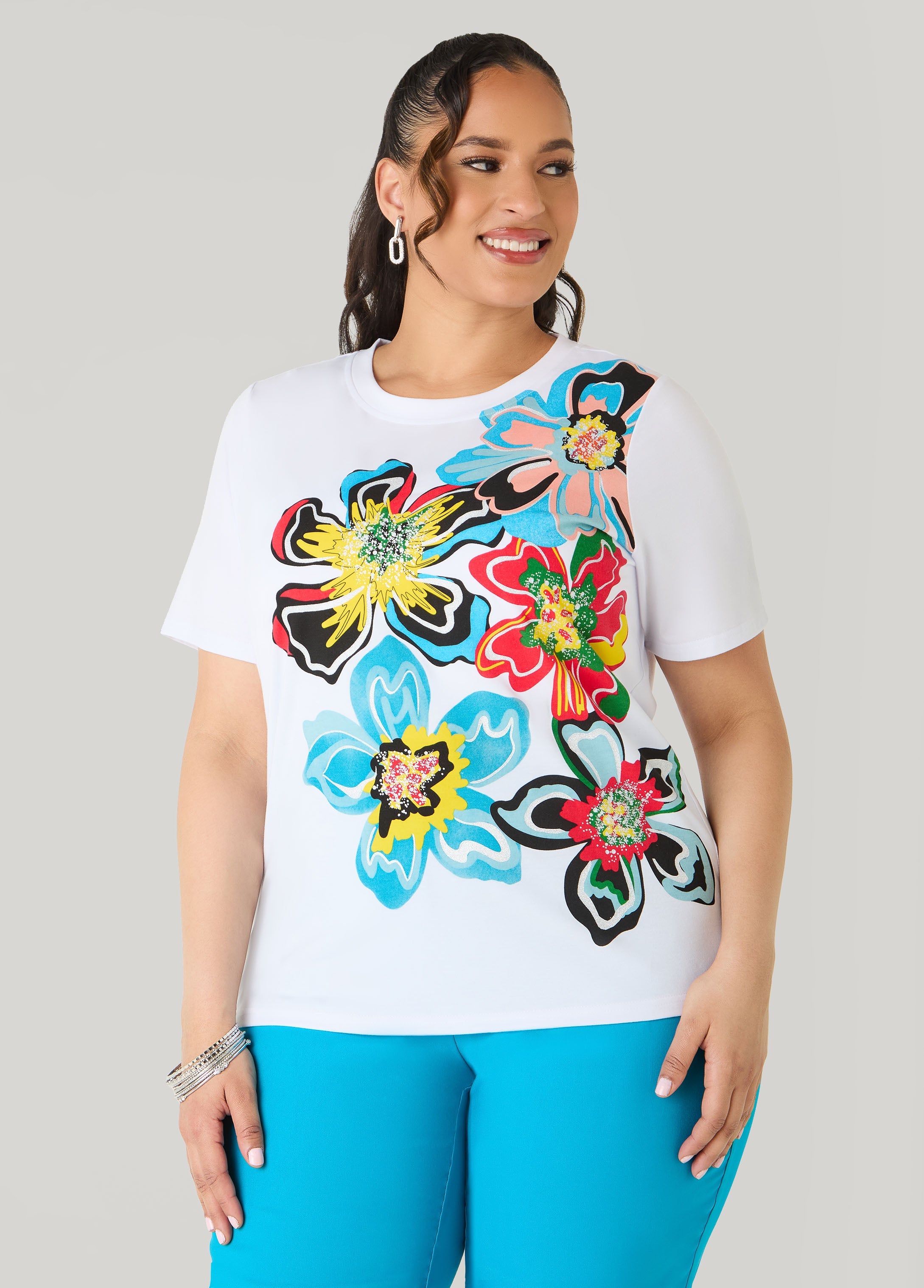 Glittered Floral Print Graphic Tee