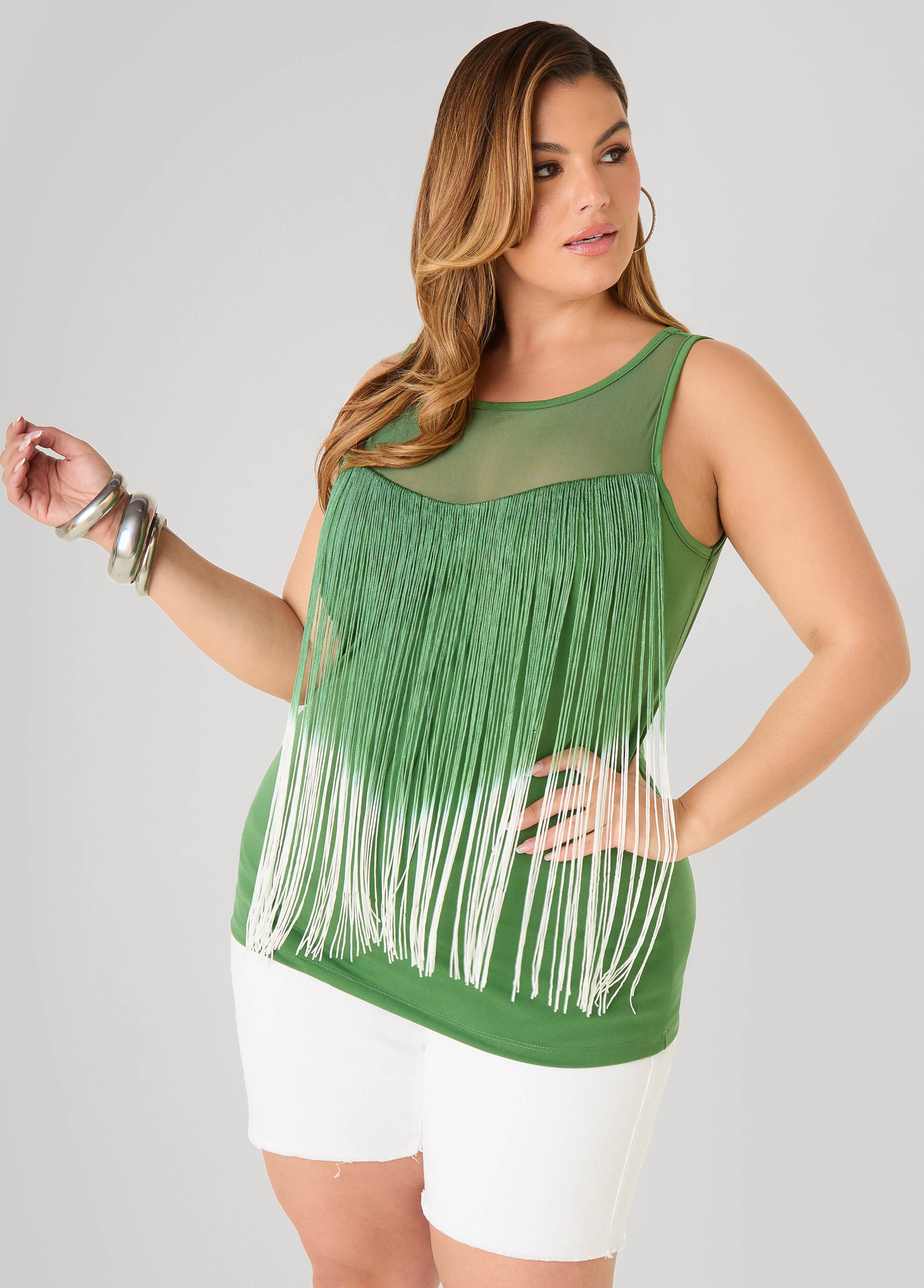 Mesh Paneled Fringed Top
