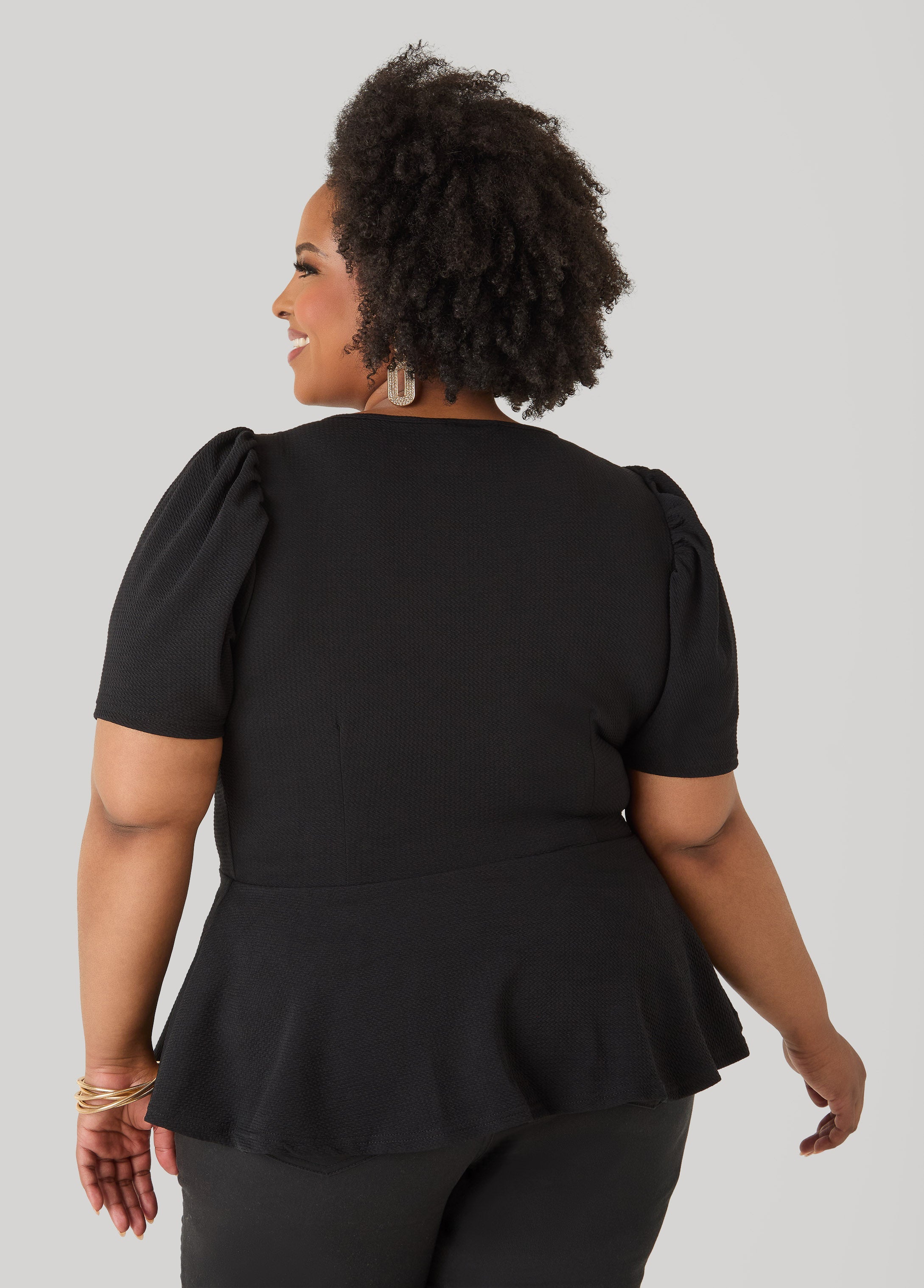 Puff Sleeved Textured Peplum Top