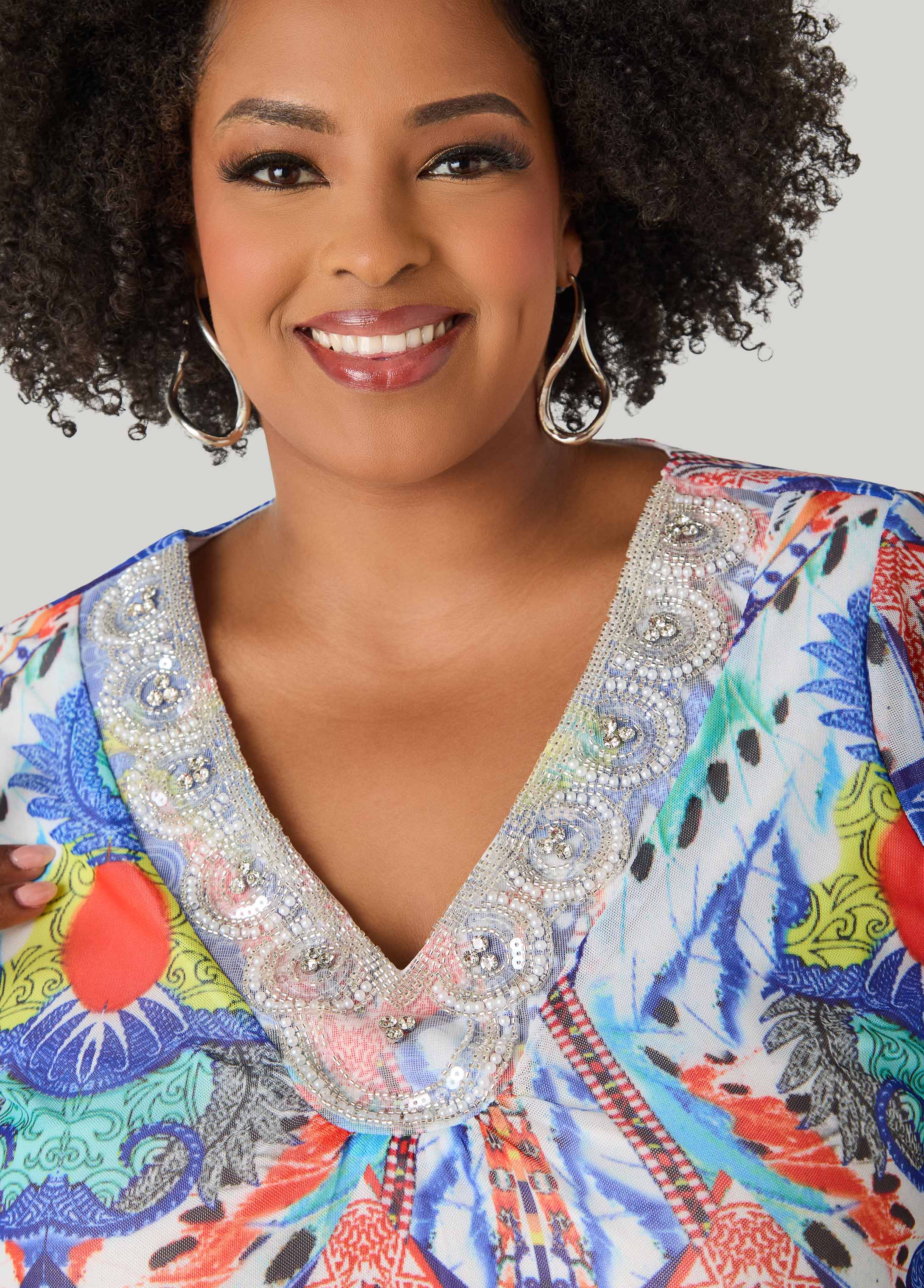 Embellished Printed Mesh Top