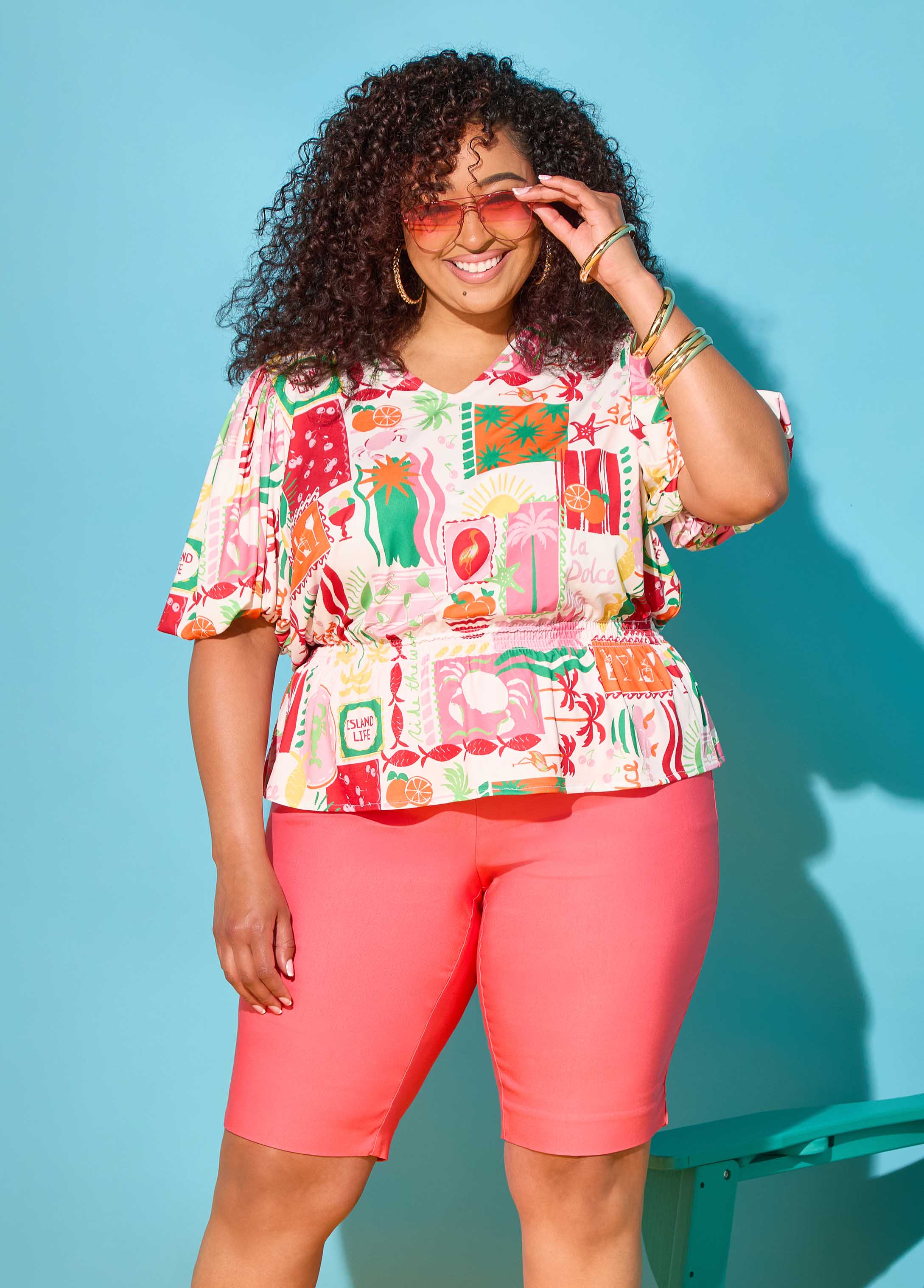 Island Print Bubble Sleeve Top
