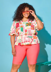 Island Print Bubble Sleeve Top
