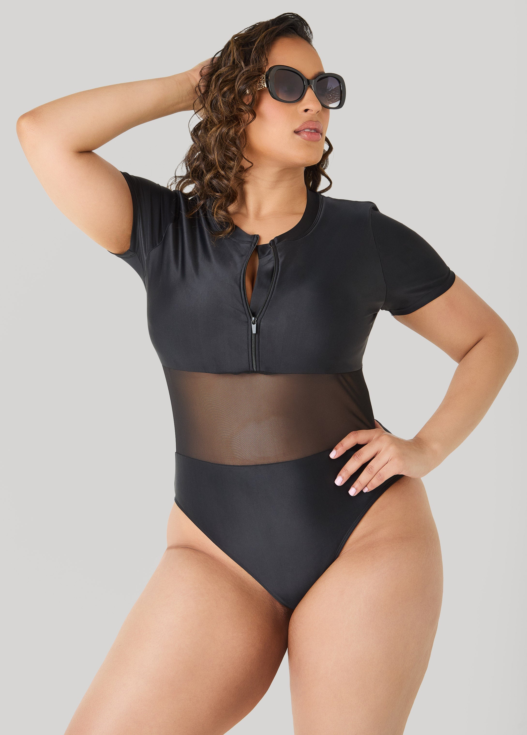 Paneled Zip Front Swimsuit