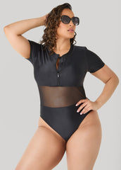 Paneled Zip Front Swimsuit