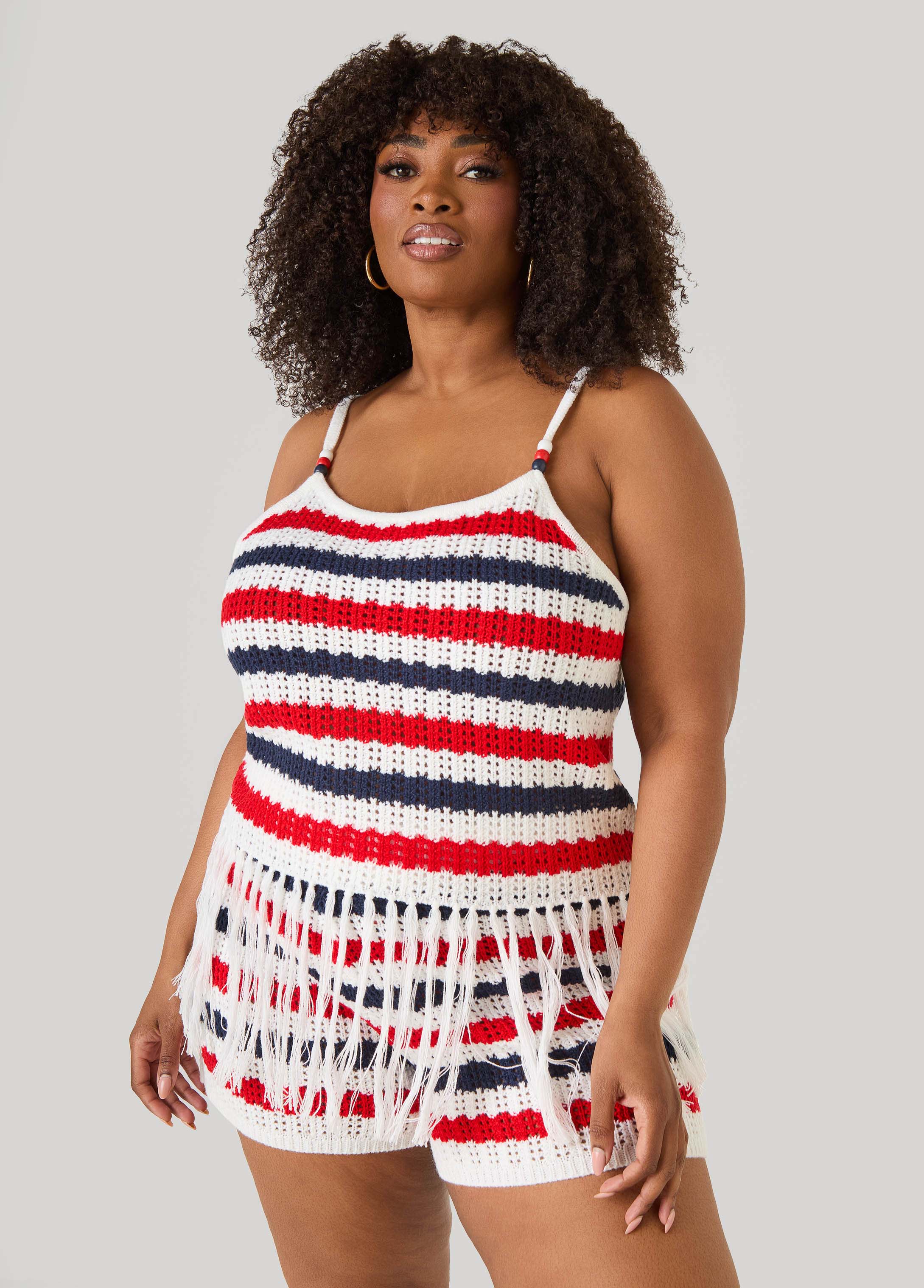 Striped Fringe Crochet Coverup Set