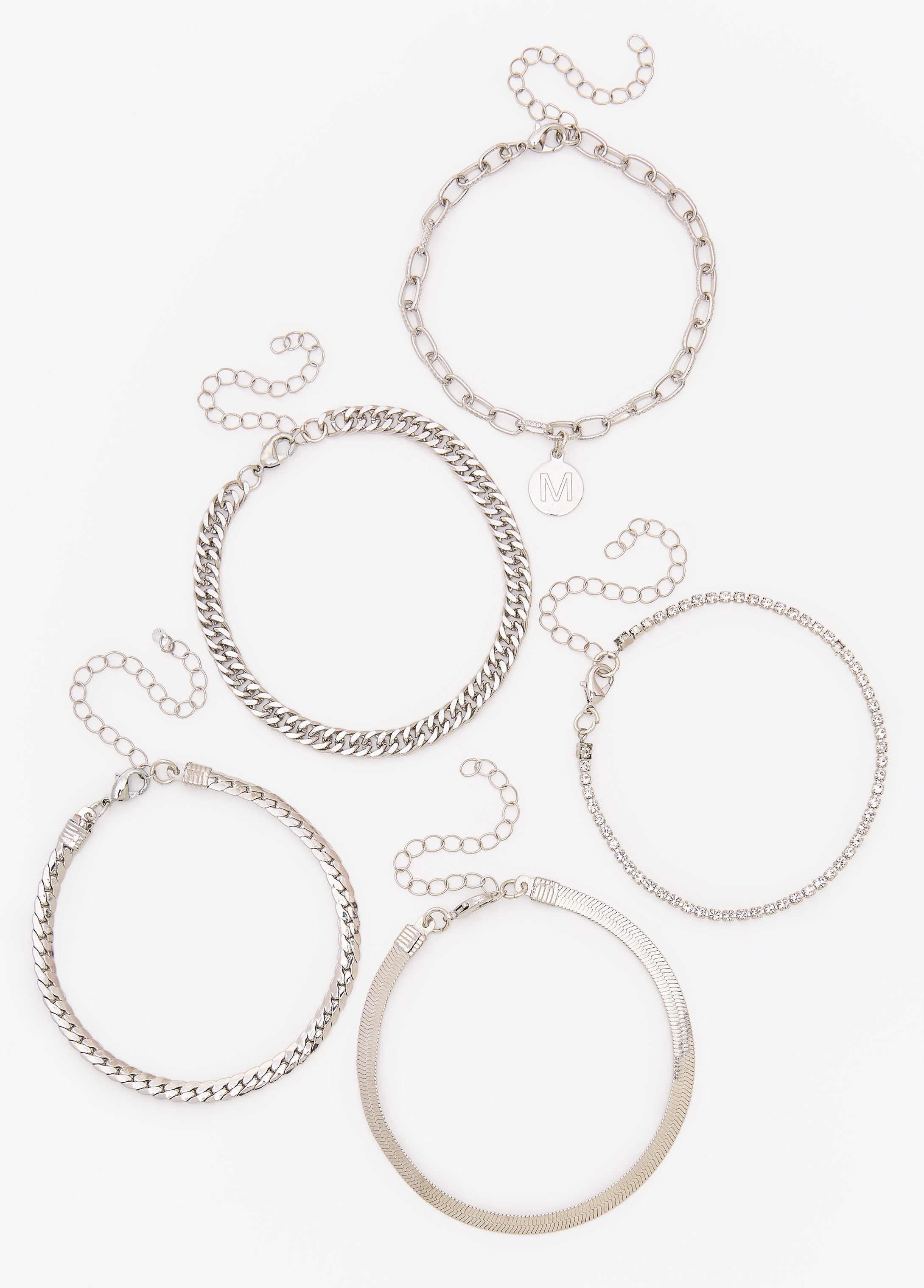 Set Of Five Silver Tone Bracelets