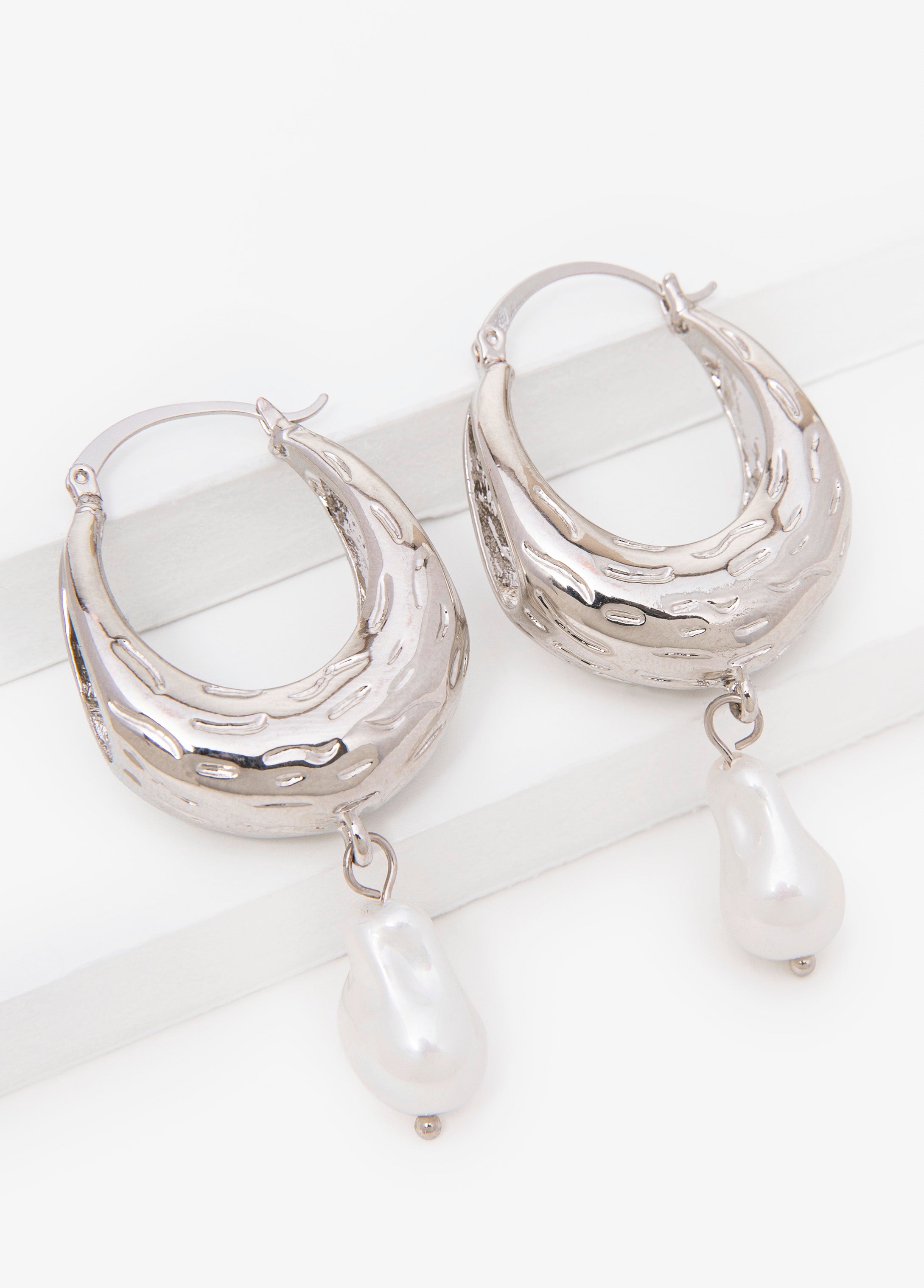 Faux Pearl Silver Huggie Earrings