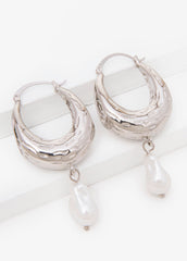 Faux Pearl Silver Huggie Earrings