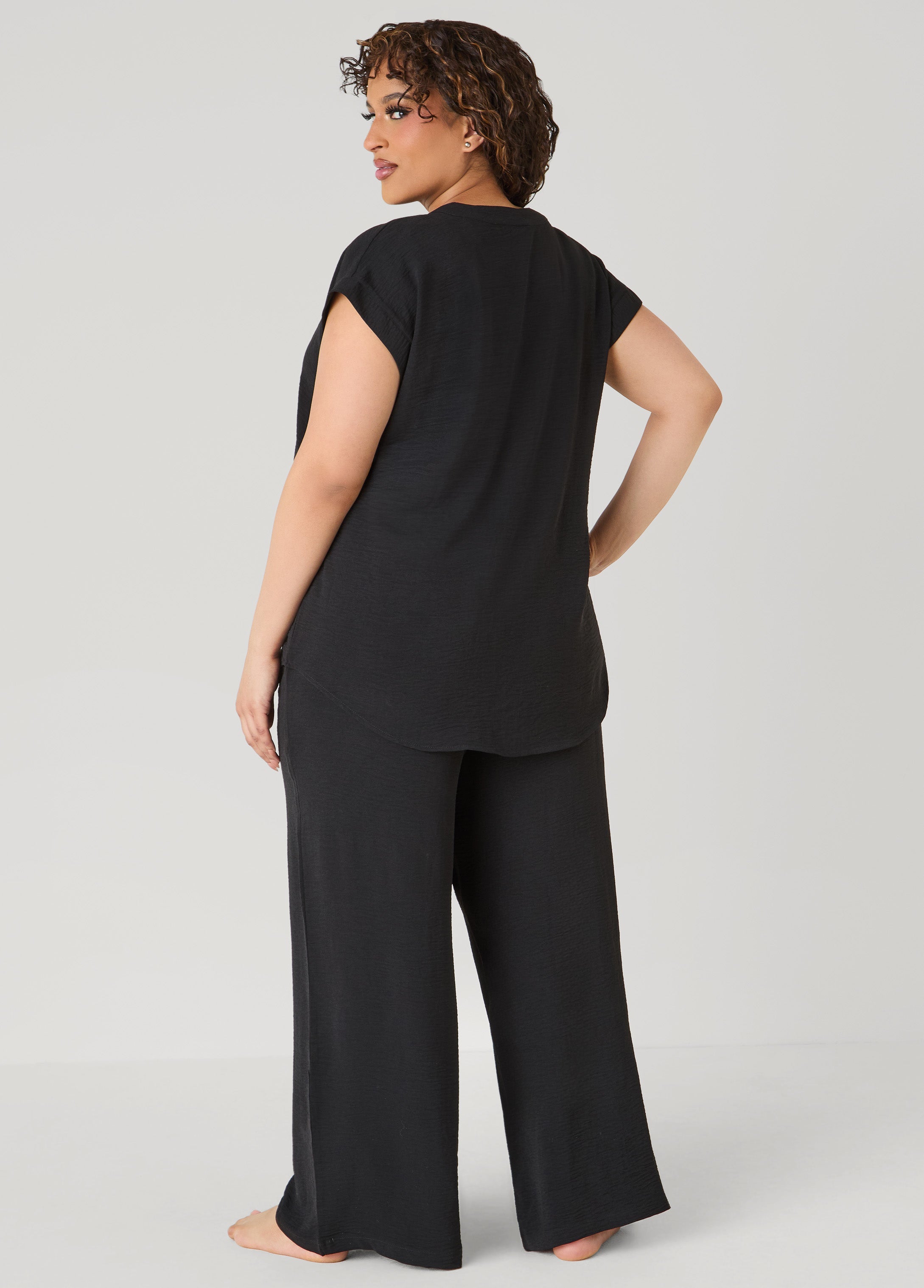 Textured V Neck Pajama Set