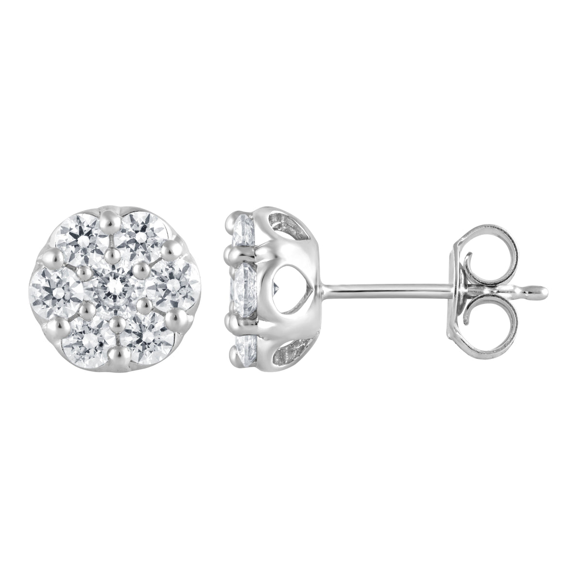 1 Carat Round Cut Lab Grown Cluster Diamond Stud Earrings In Sterling Silver