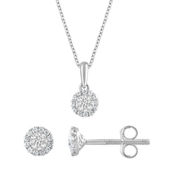 0.50 Carat Lab Grown Sterling Silver Diamond Halo Necklace And Earrings Set