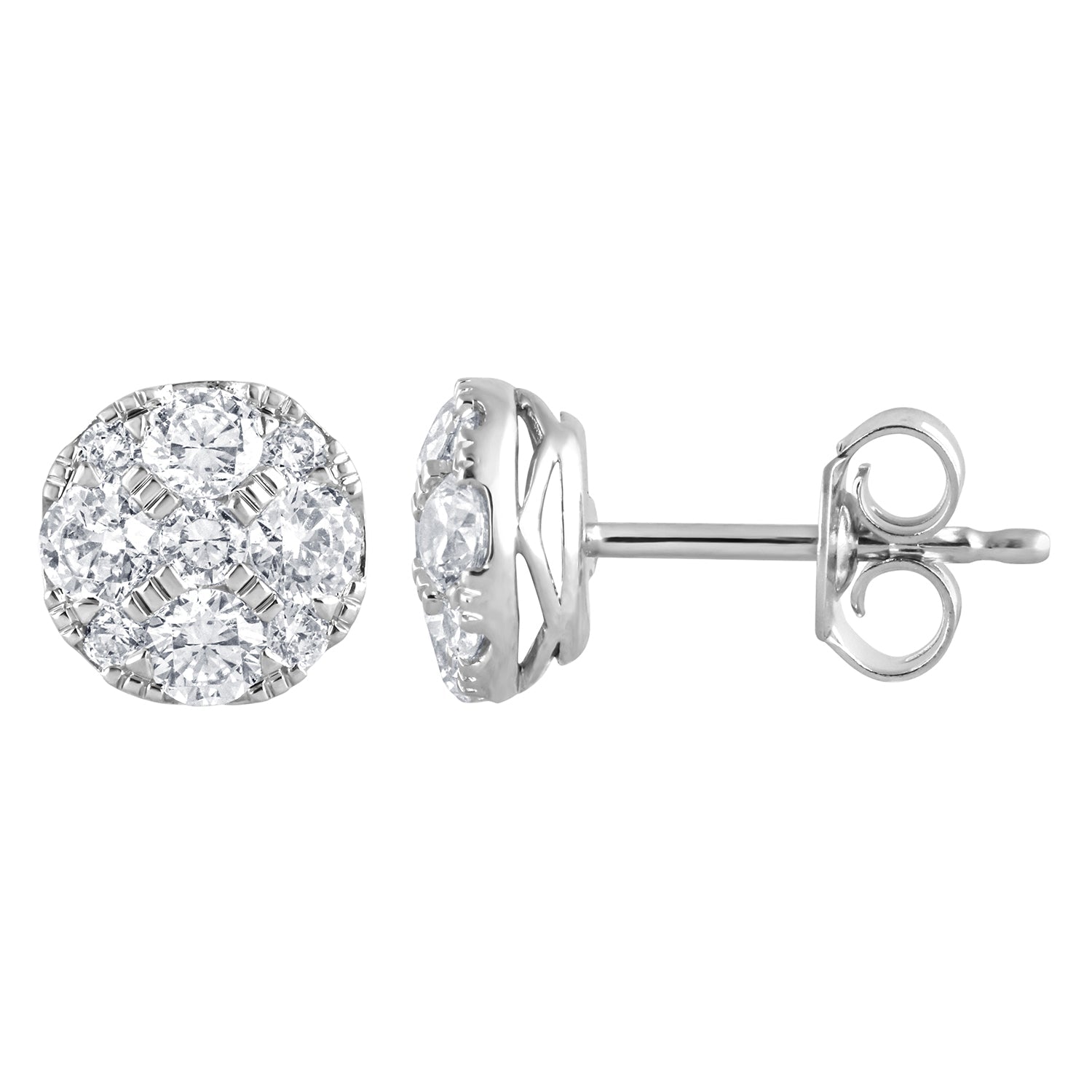 1 Carat Round Cut Lab Grown Diamond Cluster Stud Earrings In Sterling Silver