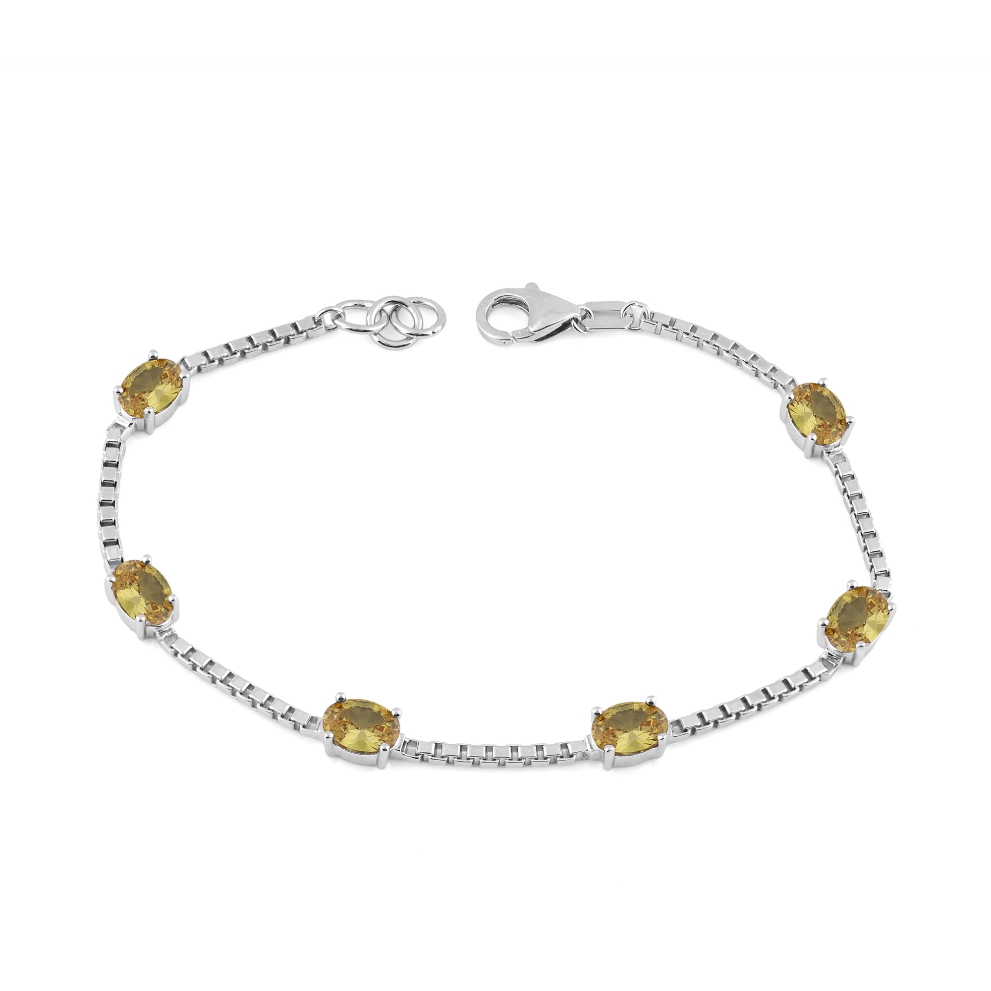 Birthstone Bracelet in Sterling Silver, Oval Cut 5*7mm, 7 Inches with an Extender, 12 Gemstone Options, Gift Box Included - April, White Zircon