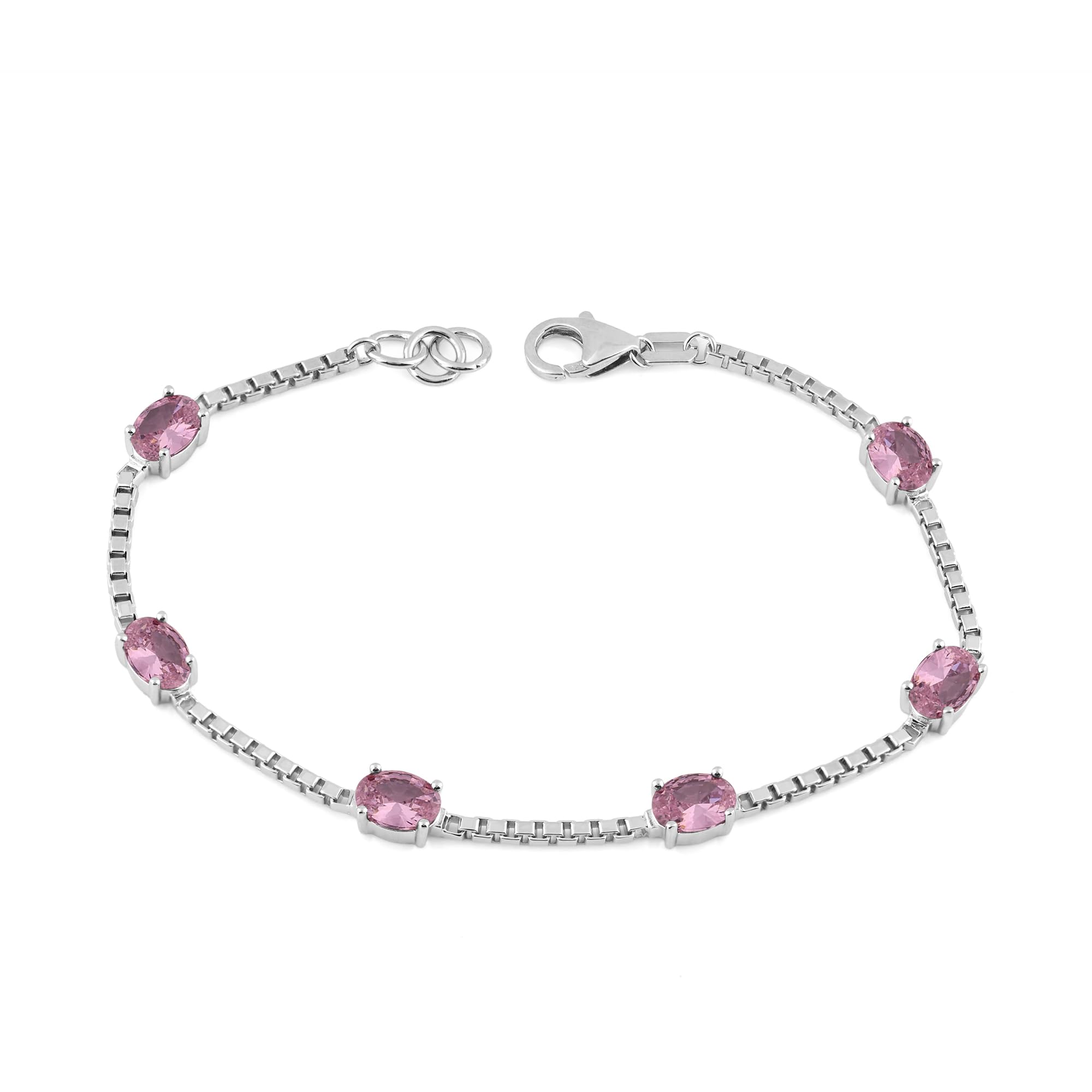 Birthstone Bracelet in Sterling Silver, Oval Cut 5*7mm, 7 Inches with an Extender, 12 Gemstone Options, Gift Box Included - April, White Zircon