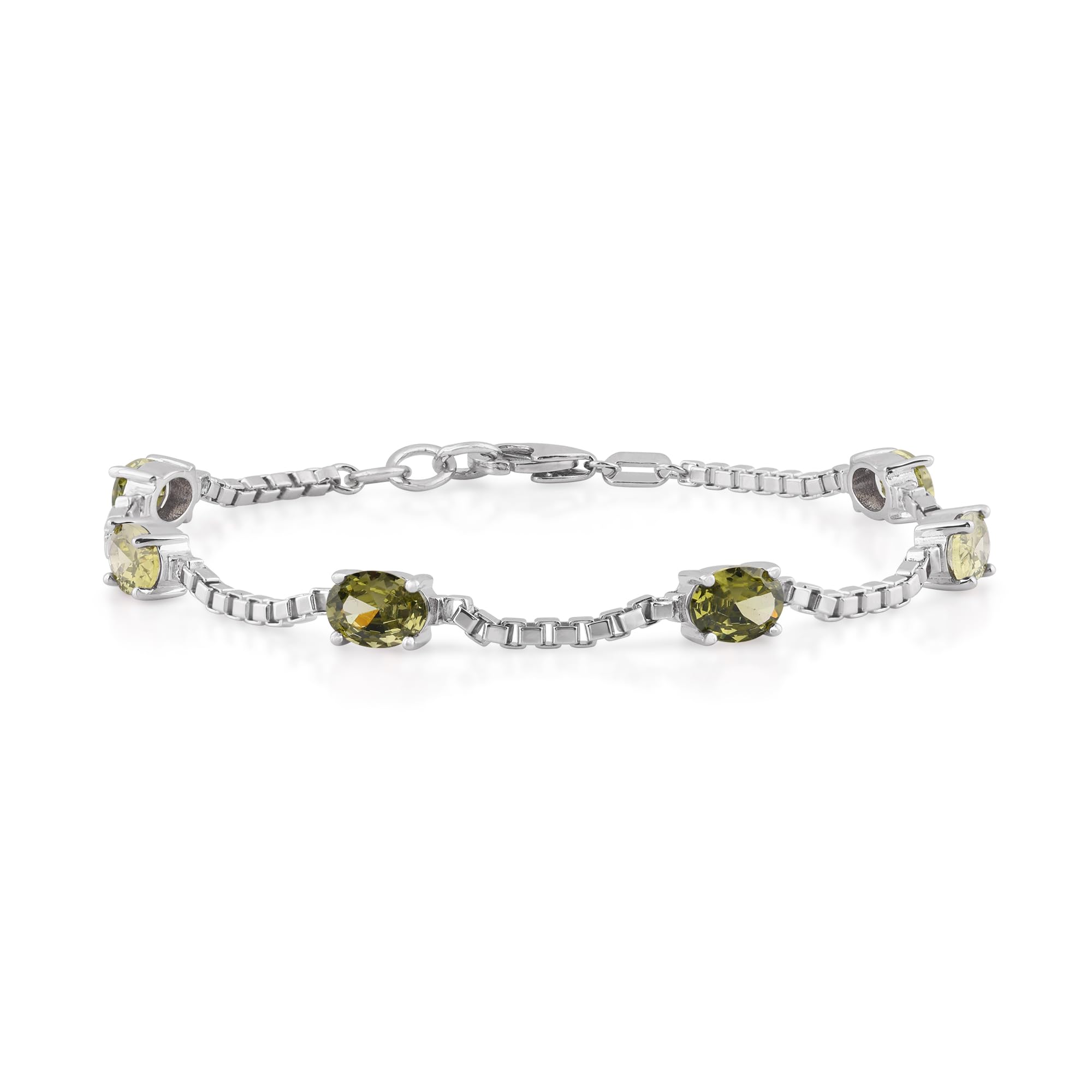 Birthstone Bracelet in Sterling Silver, Oval Cut 5*7mm, 7 Inches with an Extender, 12 Gemstone Options, Gift Box Included - April, White Zircon