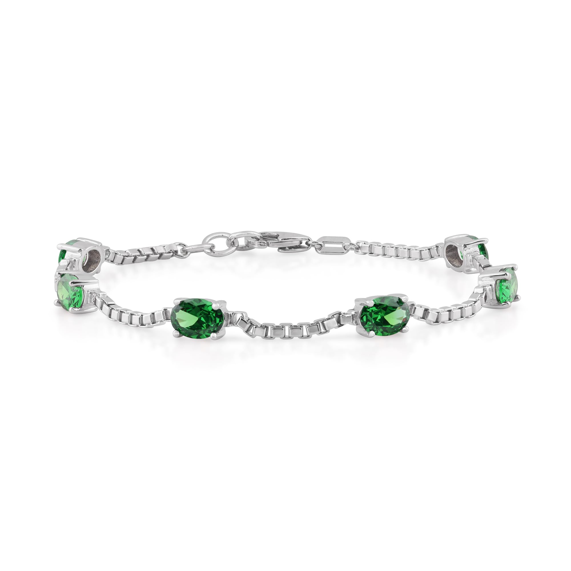 Birthstone Bracelet in Sterling Silver, Oval Cut 5*7mm, 7 Inches with an Extender, 12 Gemstone Options, Gift Box Included - April, White Zircon
