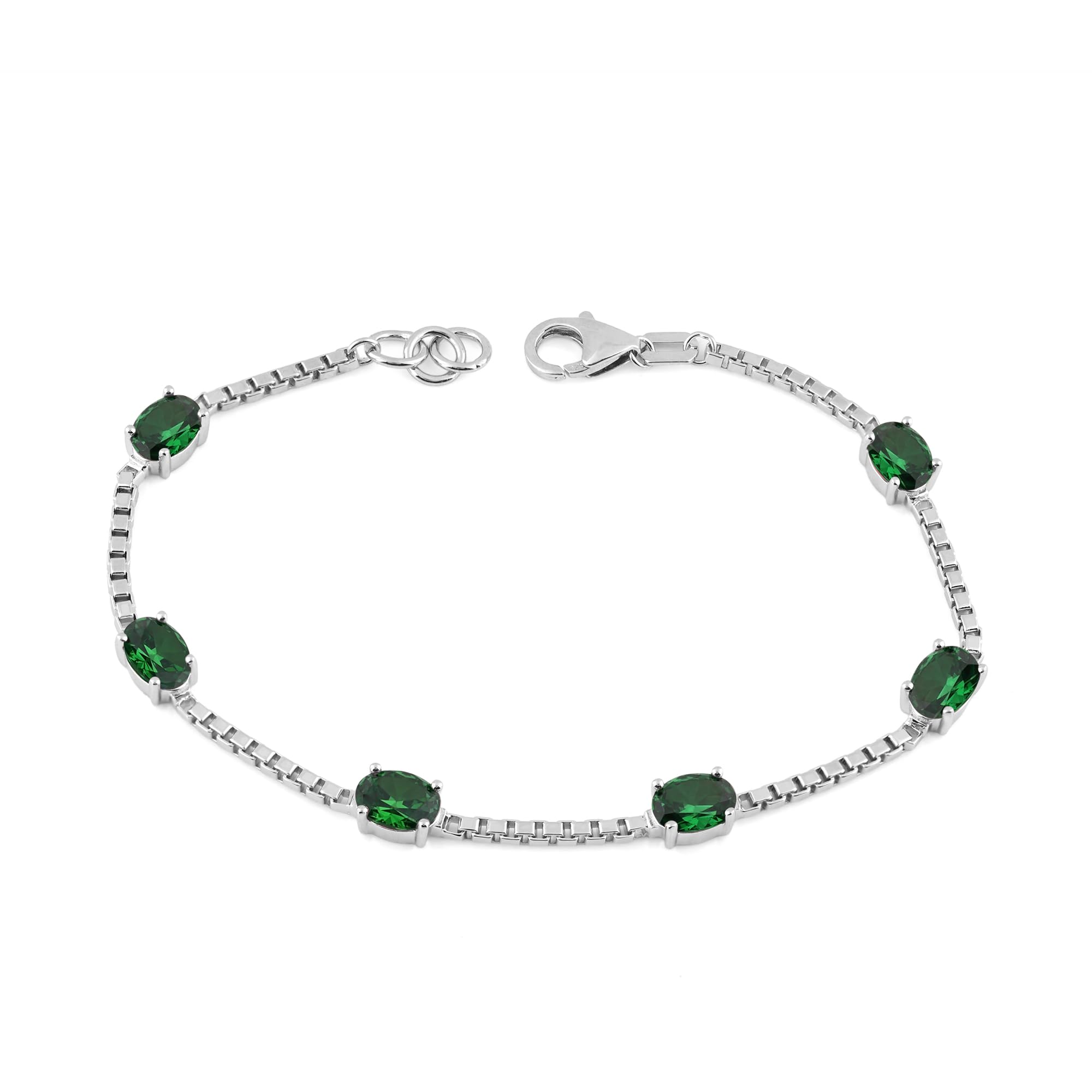 Birthstone Bracelet in Sterling Silver, Oval Cut 5*7mm, 7 Inches with an Extender, 12 Gemstone Options, Gift Box Included - April, White Zircon