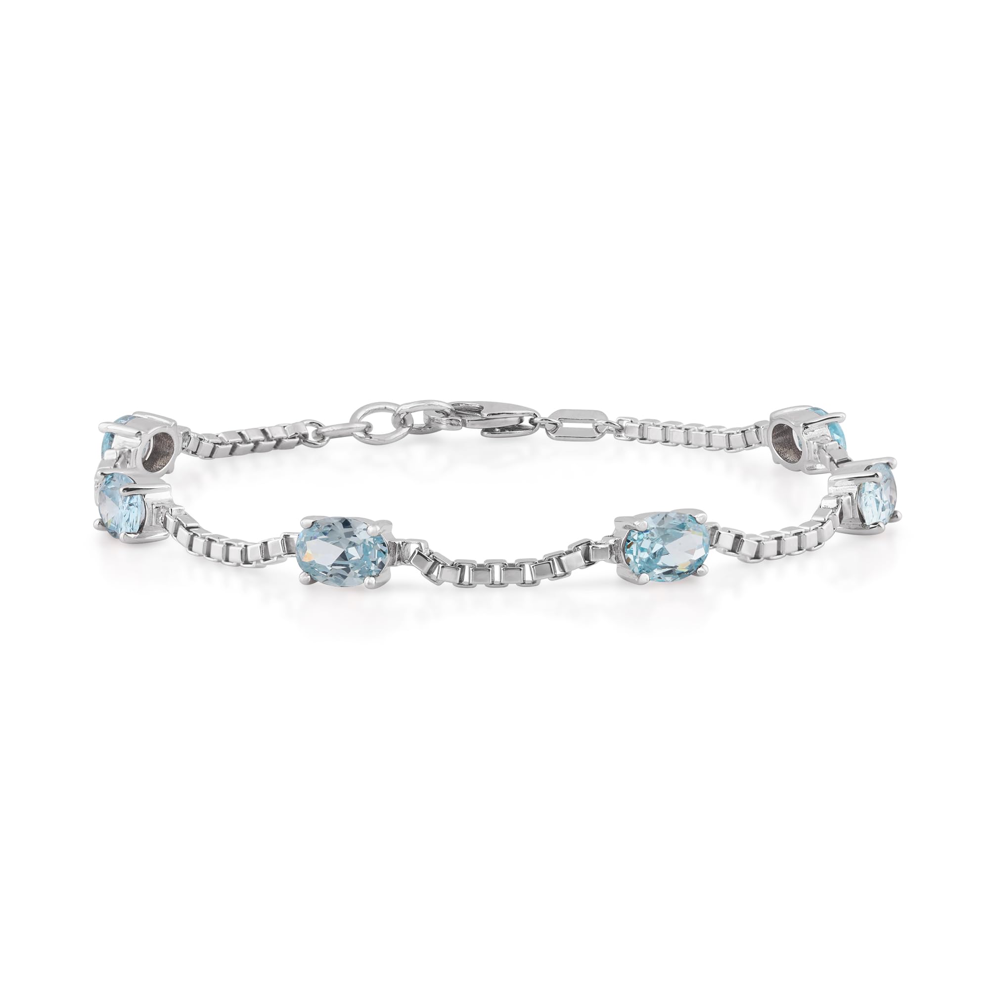 Birthstone Bracelet in Sterling Silver, Oval Cut 5*7mm, 7 Inches with an Extender, 12 Gemstone Options, Gift Box Included - April, White Zircon