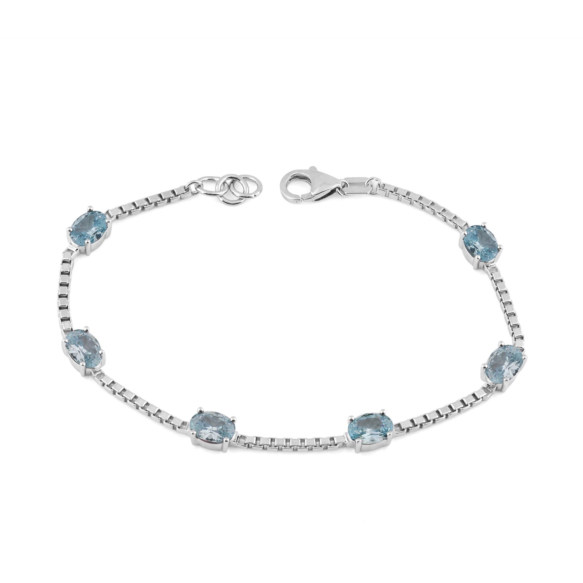 Birthstone Bracelet in Sterling Silver, Oval Cut 5*7mm, 7 Inches with an Extender, 12 Gemstone Options, Gift Box Included - April, White Zircon
