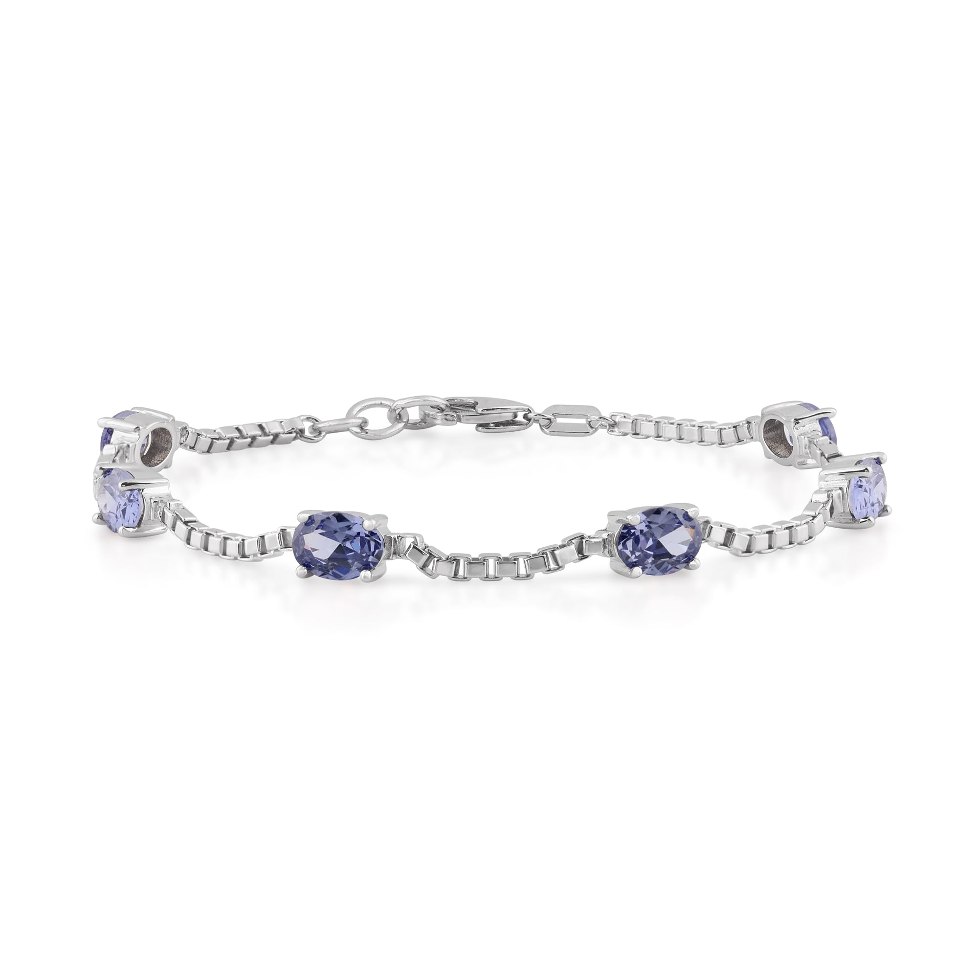 Birthstone Bracelet in Sterling Silver, Oval Cut 5*7mm, 7 Inches with an Extender, 12 Gemstone Options, Gift Box Included - April, White Zircon
