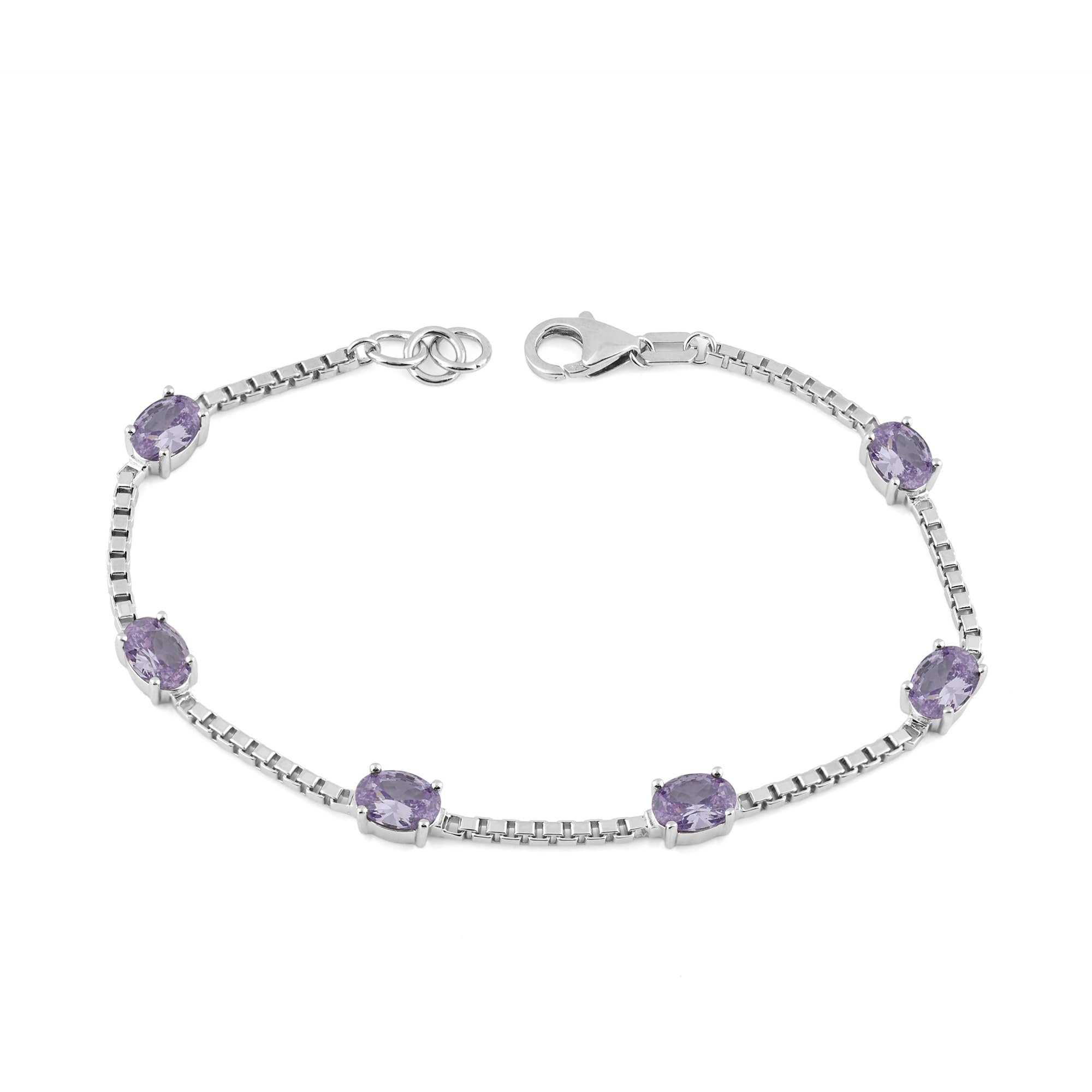 Birthstone Bracelet in Sterling Silver, Oval Cut 5*7mm, 7 Inches with an Extender, 12 Gemstone Options, Gift Box Included - April, White Zircon