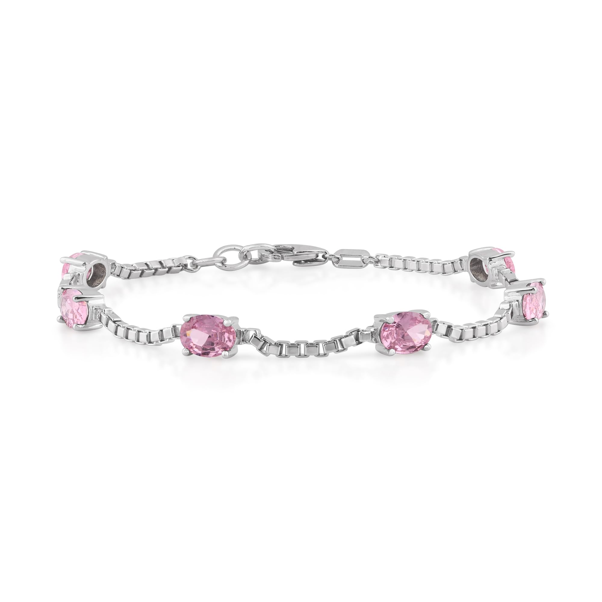 Birthstone Bracelet in Sterling Silver, Oval Cut 5*7mm, 7 Inches with an Extender, 12 Gemstone Options, Gift Box Included - April, White Zircon