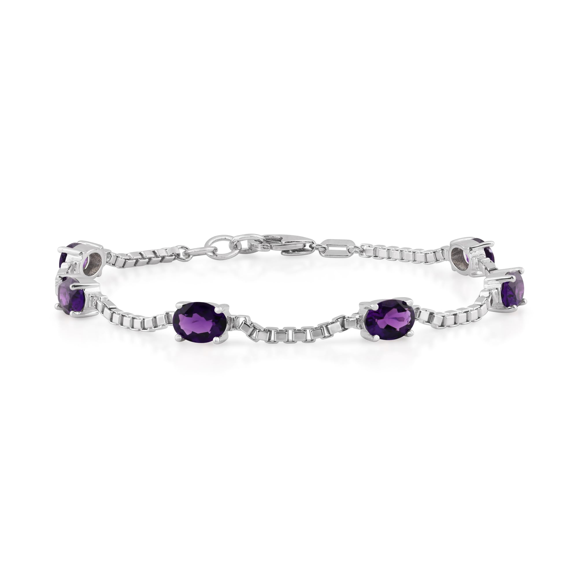 Birthstone Bracelet in Sterling Silver, Oval Cut 5*7mm, 7 Inches with an Extender, 12 Gemstone Options, Gift Box Included - April, White Zircon