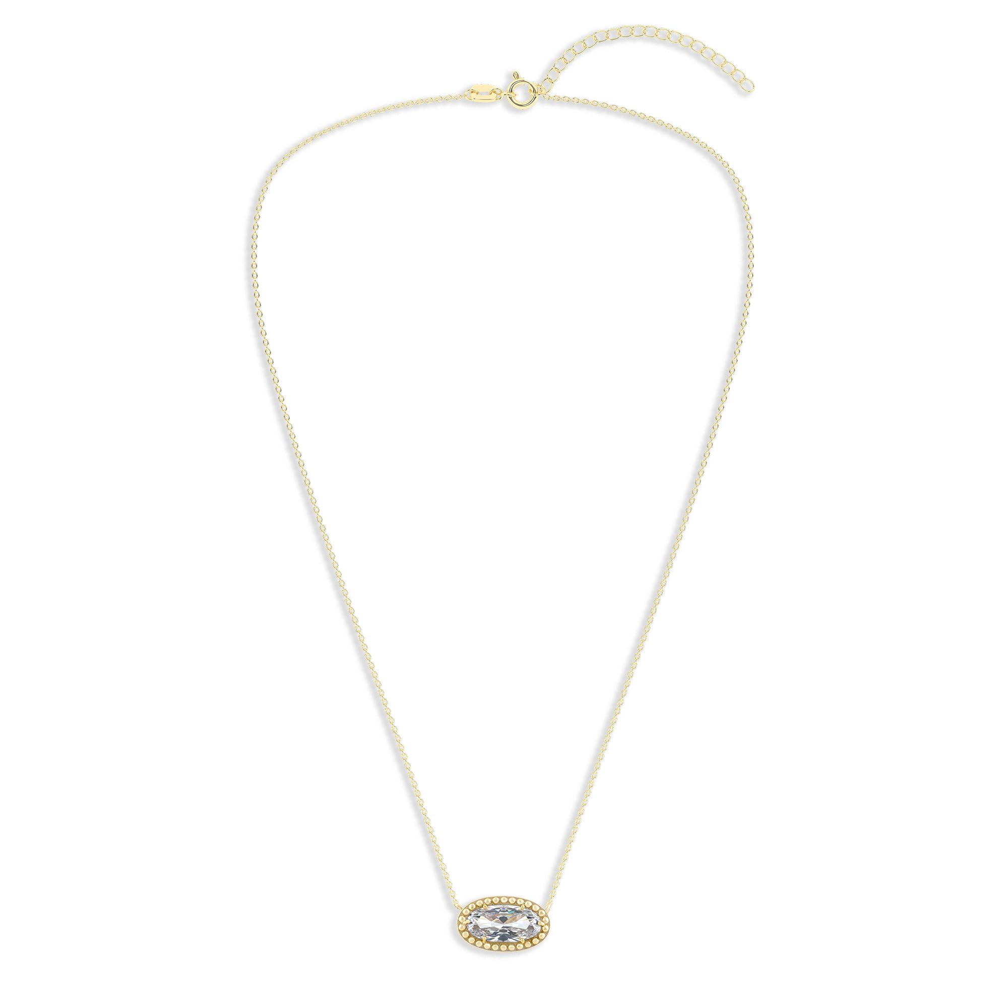 Oval Gemstone Necklace in 14K Gold Plated Sterling Silver, Oval Pendant Size 6 * 12mm, 15" Cable Chain with 2" Extender, Gift Box Included - Apr, White Zircon