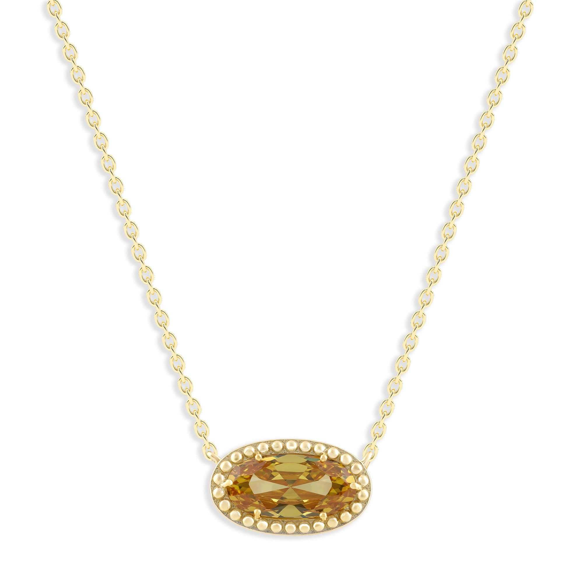 Oval Gemstone Necklace in 14K Gold Plated Sterling Silver, Oval Pendant Size 6 * 12mm, 15" Cable Chain with 2" Extender, Gift Box Included - Apr, White Zircon