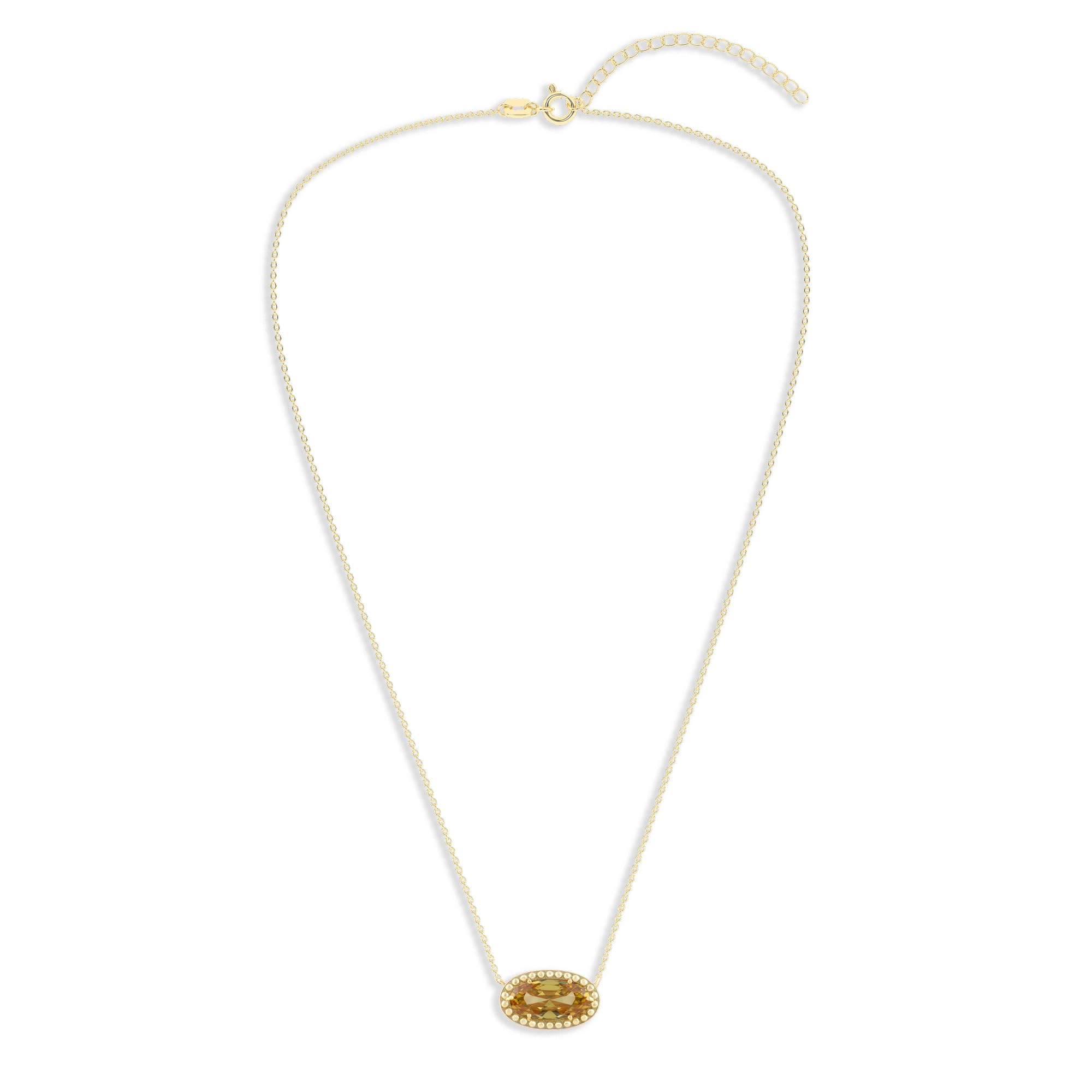 Oval Gemstone Necklace in 14K Gold Plated Sterling Silver, Oval Pendant Size 6 * 12mm, 15" Cable Chain with 2" Extender, Gift Box Included - Apr, White Zircon