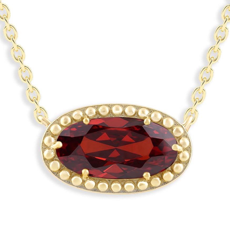 Oval Gemstone Necklace in 14K Gold Plated Sterling Silver, Oval Pendant Size 6 * 12mm, 15" Cable Chain with 2" Extender, Gift Box Included - Apr, White Zircon