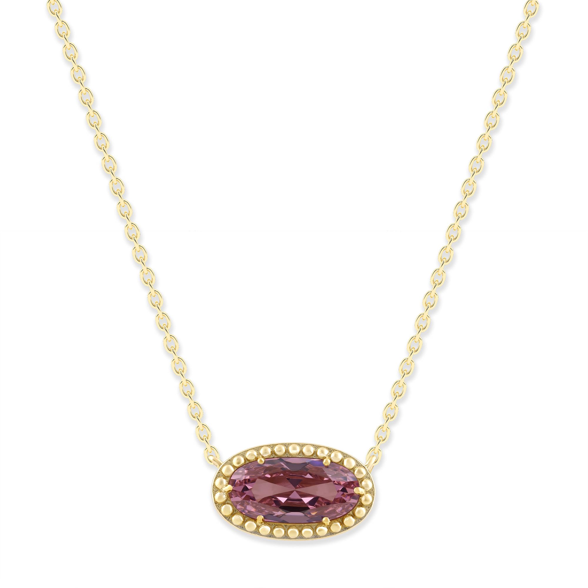 Oval Gemstone Necklace in 14K Gold Plated Sterling Silver, Oval Pendant Size 6 * 12mm, 15" Cable Chain with 2" Extender, Gift Box Included - Apr, White Zircon