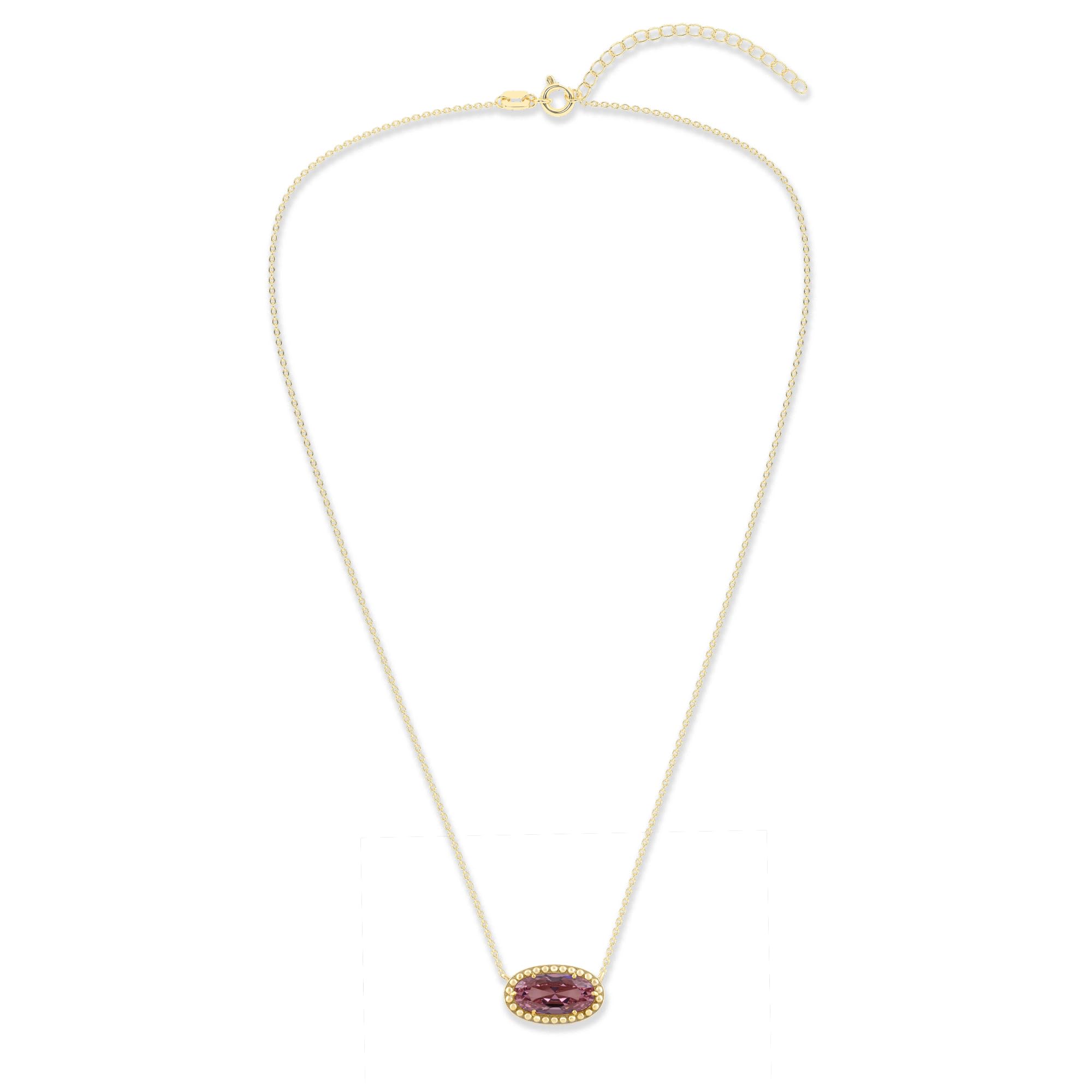 Oval Gemstone Necklace in 14K Gold Plated Sterling Silver, Oval Pendant Size 6 * 12mm, 15" Cable Chain with 2" Extender, Gift Box Included - Apr, White Zircon