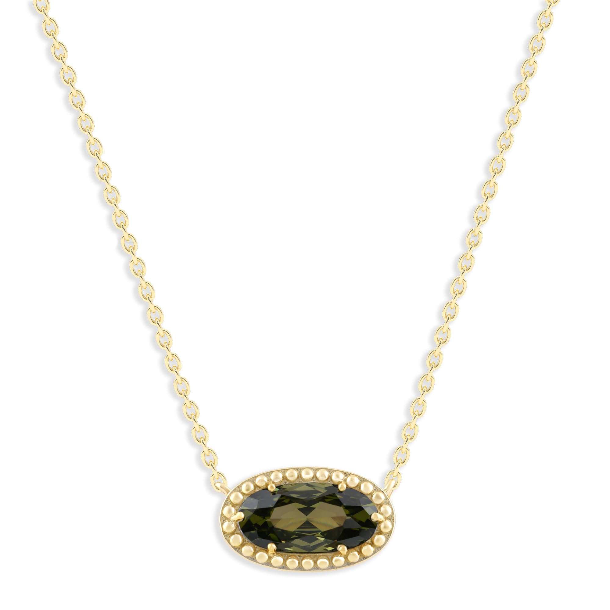 Oval Gemstone Necklace in 14K Gold Plated Sterling Silver, Oval Pendant Size 6 * 12mm, 15" Cable Chain with 2" Extender, Gift Box Included - Apr, White Zircon