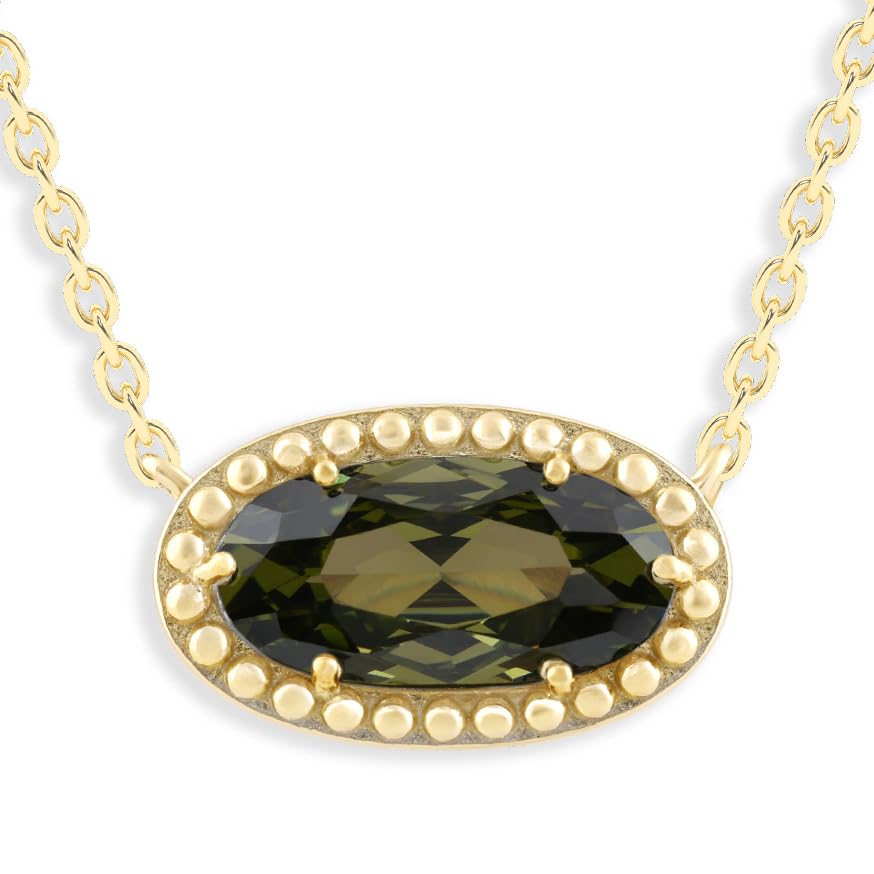 Oval Gemstone Necklace in 14K Gold Plated Sterling Silver, Oval Pendant Size 6 * 12mm, 15" Cable Chain with 2" Extender, Gift Box Included - Apr, White Zircon