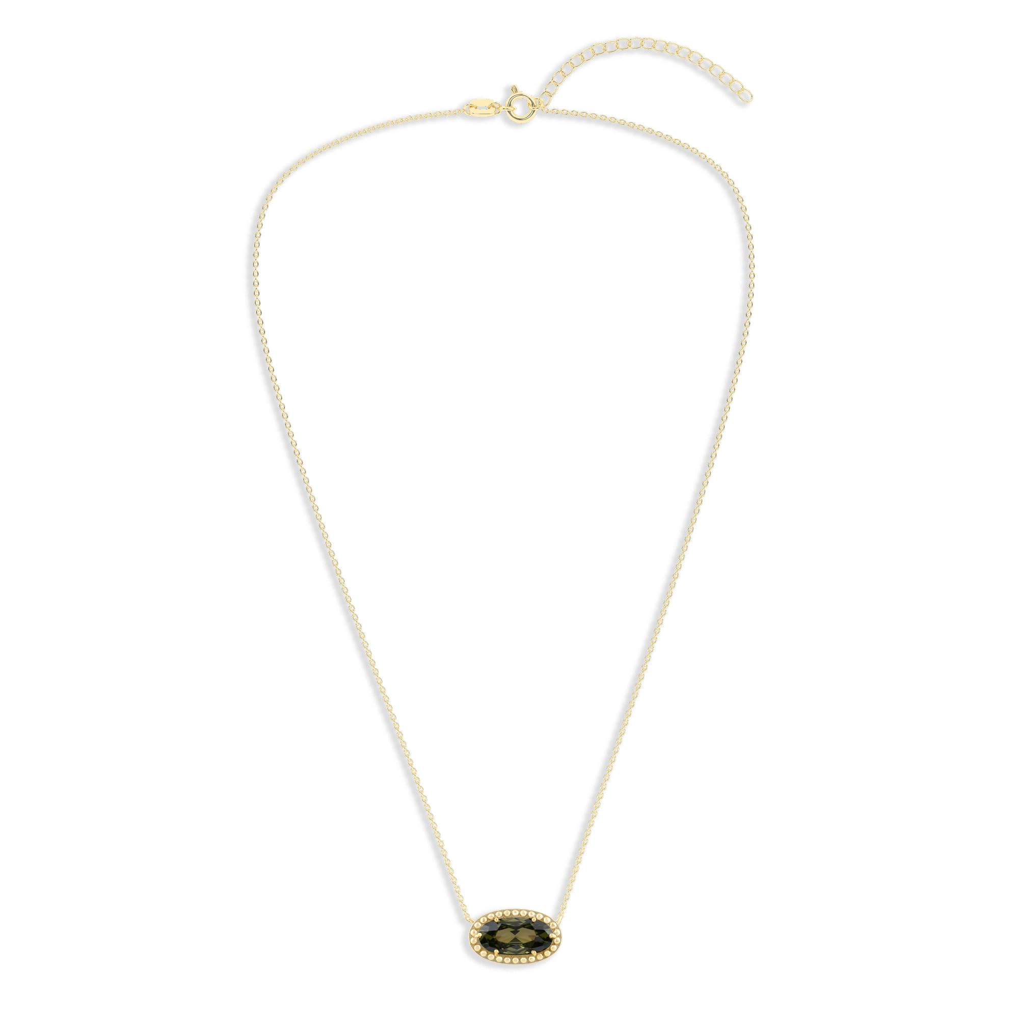 Oval Gemstone Necklace in 14K Gold Plated Sterling Silver, Oval Pendant Size 6 * 12mm, 15" Cable Chain with 2" Extender, Gift Box Included - Apr, White Zircon