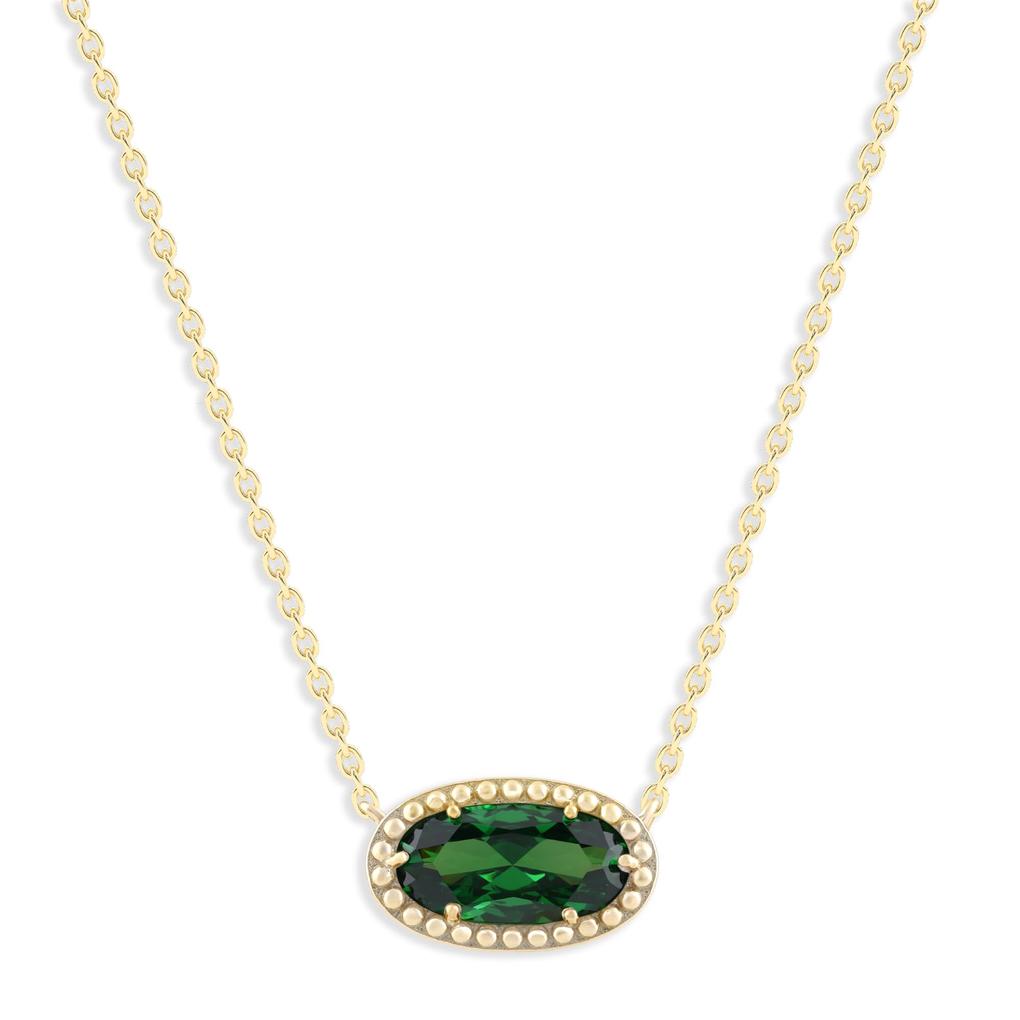 Oval Gemstone Necklace in 14K Gold Plated Sterling Silver, Oval Pendant Size 6 * 12mm, 15" Cable Chain with 2" Extender, Gift Box Included - Apr, White Zircon