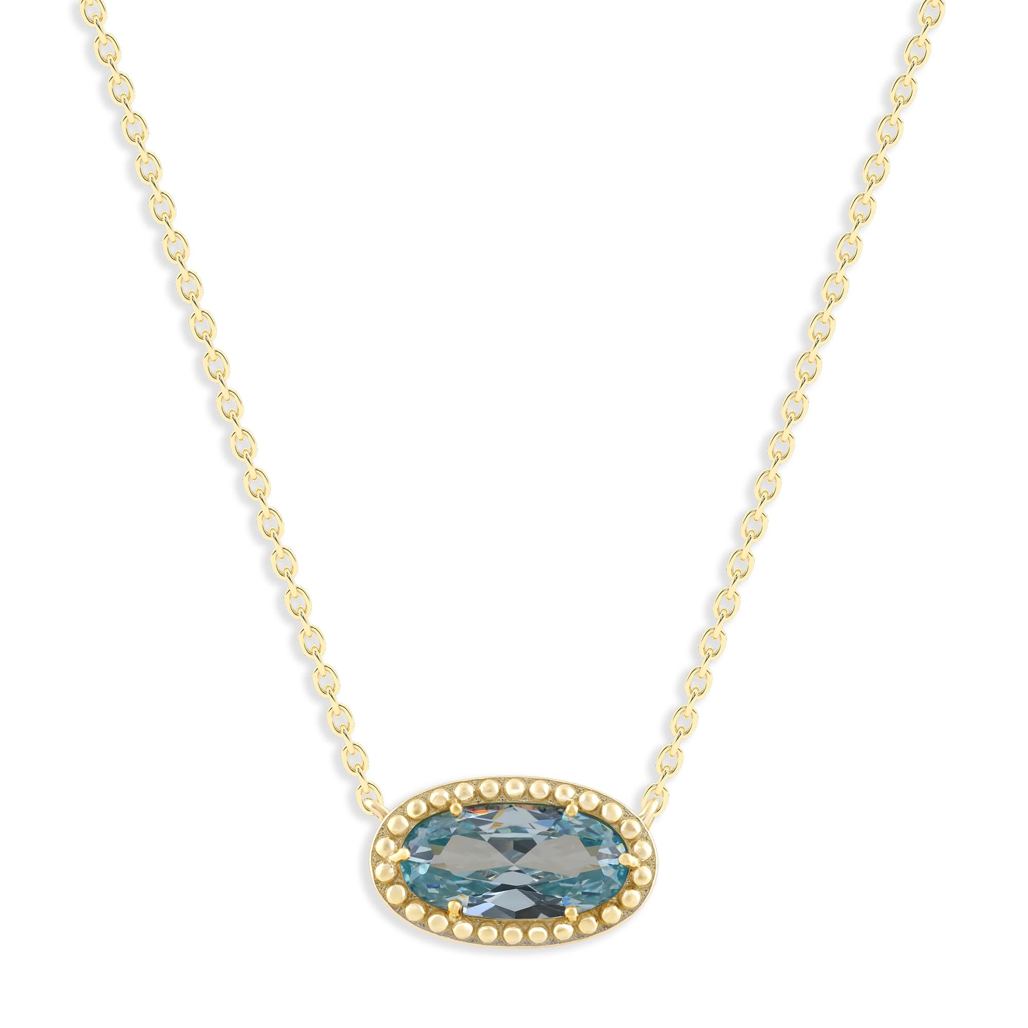 Oval Gemstone Necklace in 14K Gold Plated Sterling Silver, Oval Pendant Size 6 * 12mm, 15" Cable Chain with 2" Extender, Gift Box Included - Apr, White Zircon