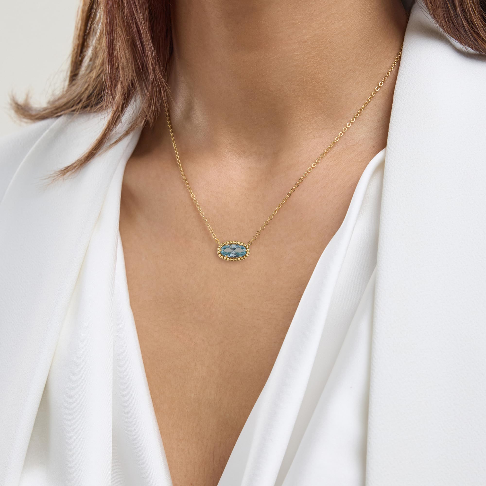 Oval Gemstone Necklace in 14K Gold Plated Sterling Silver, Oval Pendant Size 6 * 12mm, 15" Cable Chain with 2" Extender, Gift Box Included - Apr, White Zircon