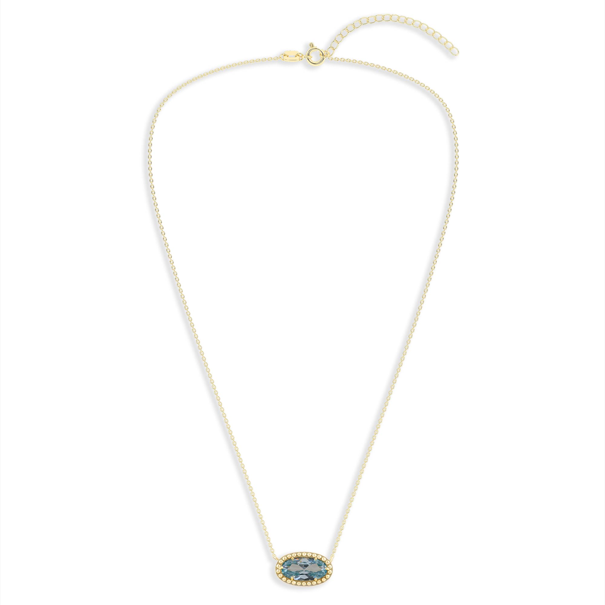 Oval Gemstone Necklace in 14K Gold Plated Sterling Silver, Oval Pendant Size 6 * 12mm, 15" Cable Chain with 2" Extender, Gift Box Included - Apr, White Zircon