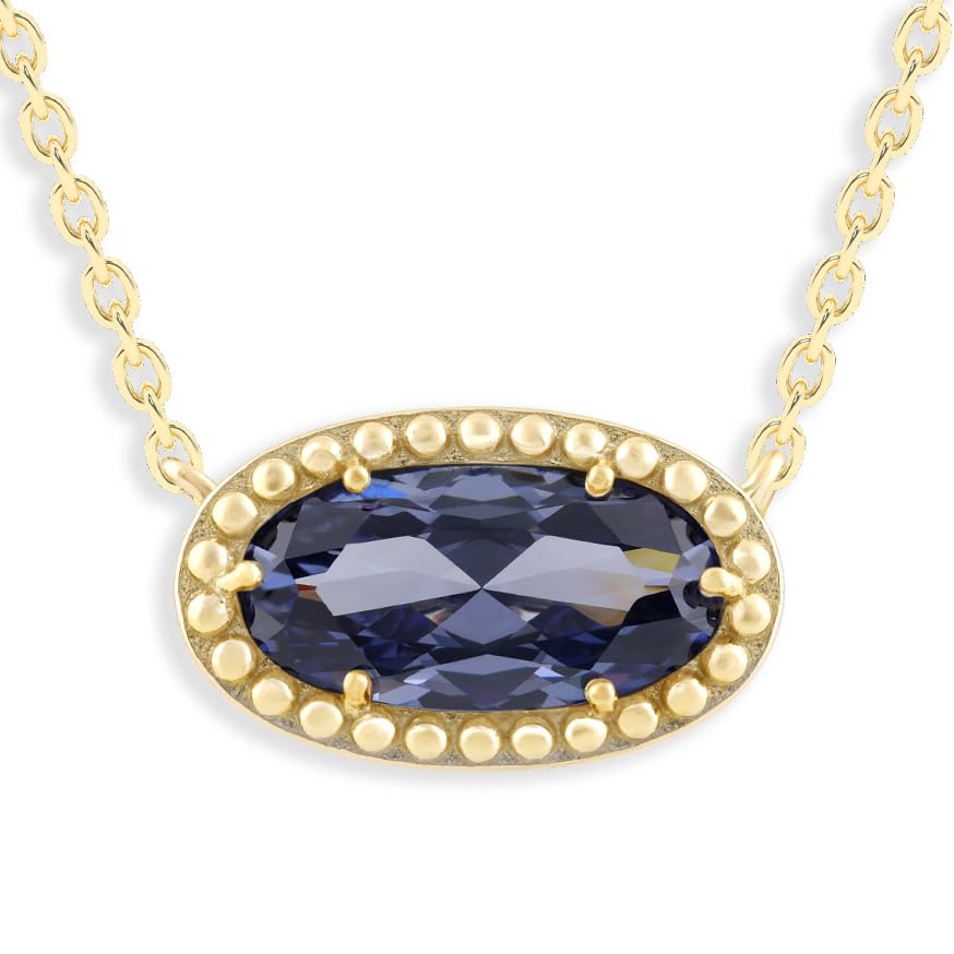 Oval Gemstone Necklace in 14K Gold Plated Sterling Silver, Oval Pendant Size 6 * 12mm, 15" Cable Chain with 2" Extender, Gift Box Included - Apr, White Zircon