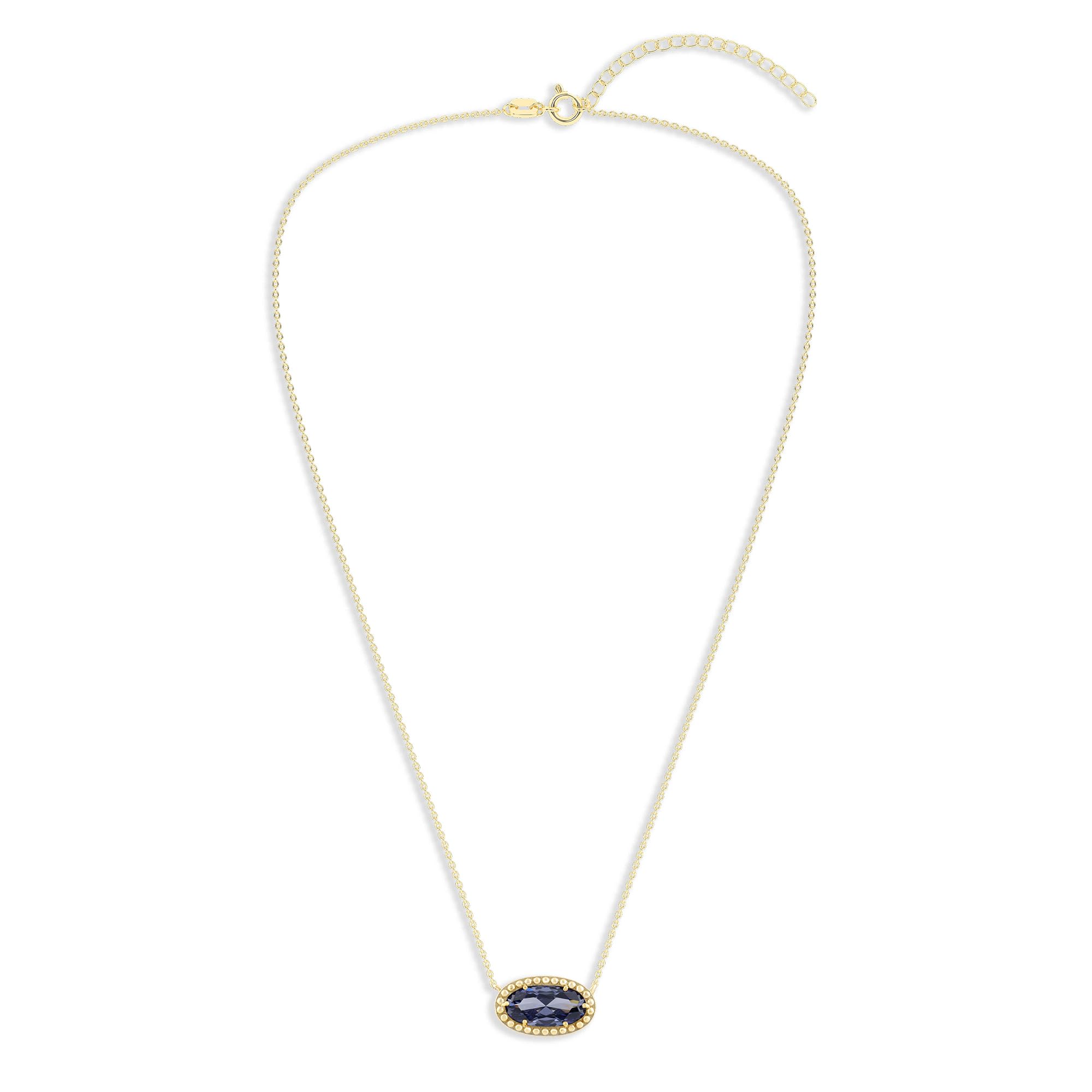 Oval Gemstone Necklace in 14K Gold Plated Sterling Silver, Oval Pendant Size 6 * 12mm, 15" Cable Chain with 2" Extender, Gift Box Included - Apr, White Zircon
