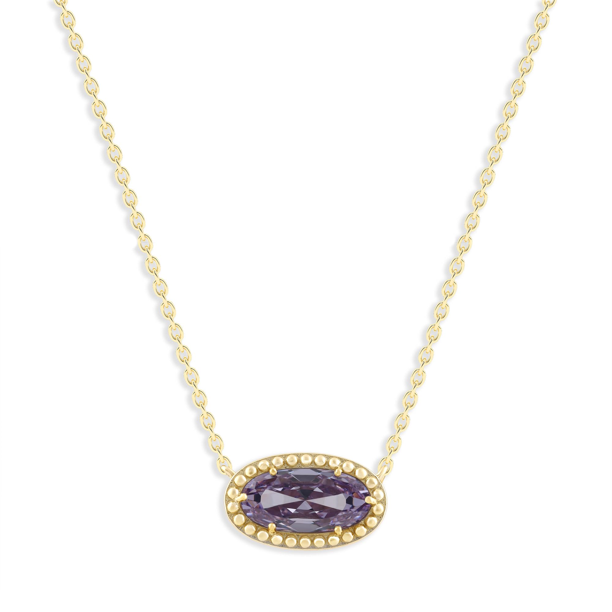 Oval Gemstone Necklace in 14K Gold Plated Sterling Silver, Oval Pendant Size 6 * 12mm, 15" Cable Chain with 2" Extender, Gift Box Included - Apr, White Zircon
