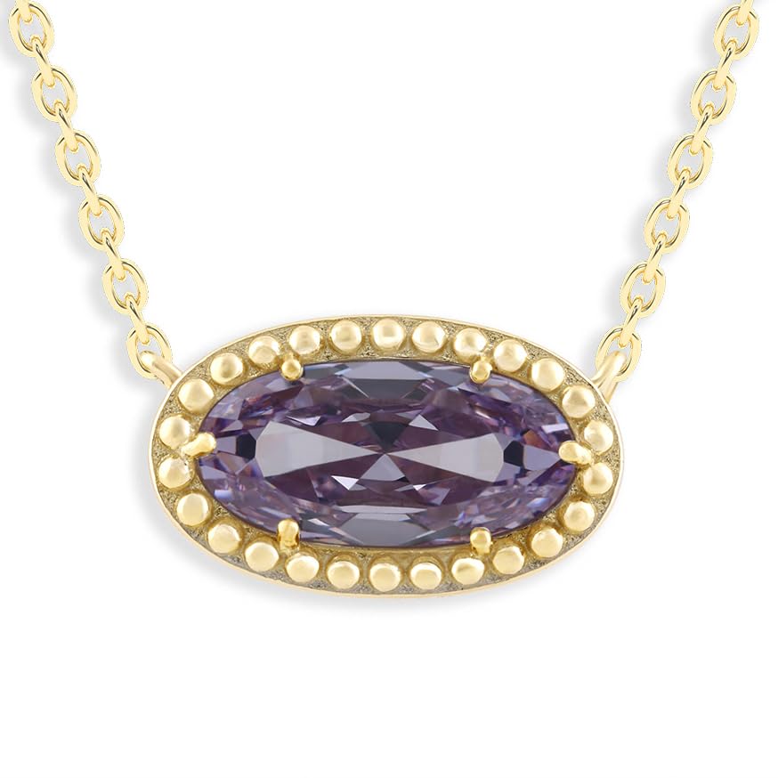 Oval Gemstone Necklace in 14K Gold Plated Sterling Silver, Oval Pendant Size 6 * 12mm, 15" Cable Chain with 2" Extender, Gift Box Included - Apr, White Zircon