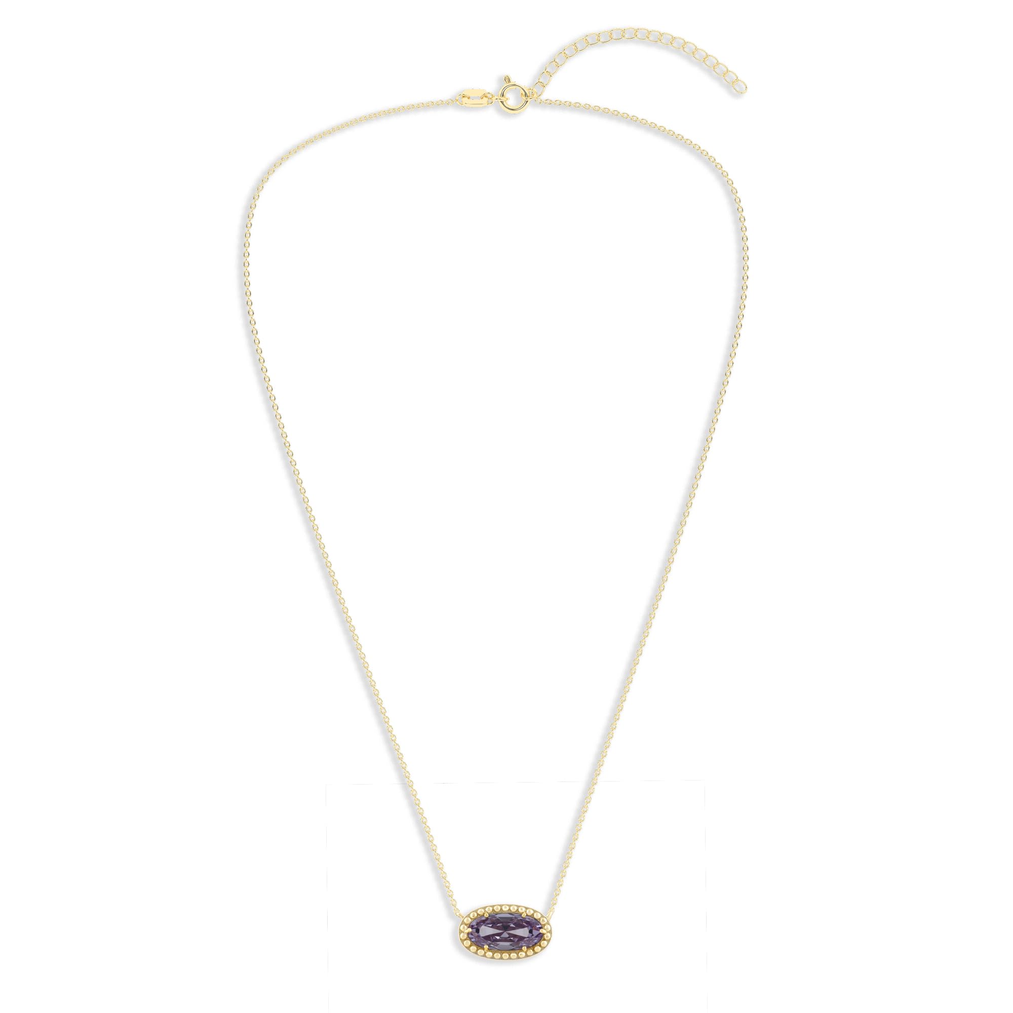 Oval Gemstone Necklace in 14K Gold Plated Sterling Silver, Oval Pendant Size 6 * 12mm, 15" Cable Chain with 2" Extender, Gift Box Included - Apr, White Zircon