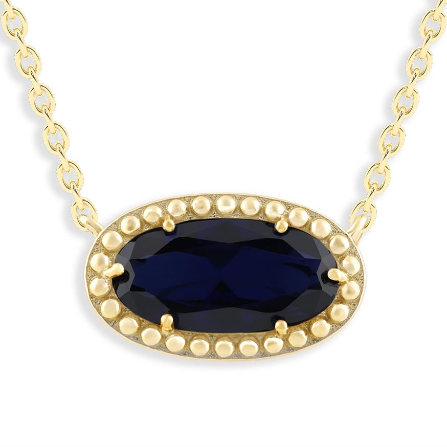 Oval Gemstone Necklace in 14K Gold Plated Sterling Silver, Oval Pendant Size 6 * 12mm, 15" Cable Chain with 2" Extender, Gift Box Included - Apr, White Zircon
