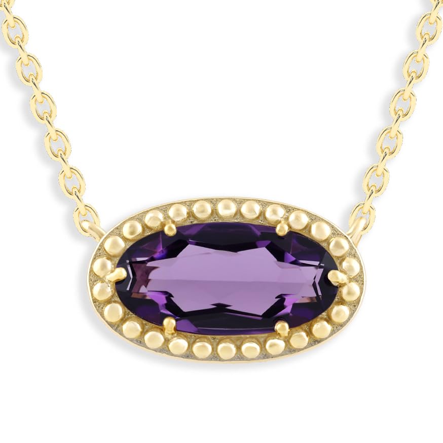 Oval Gemstone Necklace in 14K Gold Plated Sterling Silver, Oval Pendant Size 6 * 12mm, 15" Cable Chain with 2" Extender, Gift Box Included - Apr, White Zircon